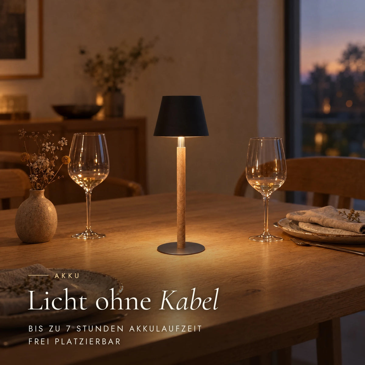 Cordless Nala rechargeable table lamp in solid wood, light anywhere in the room without cables