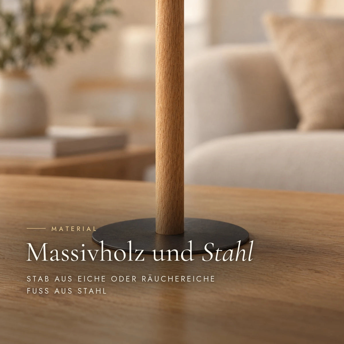Nala table lamp in detail: solid oak rod and steel base
