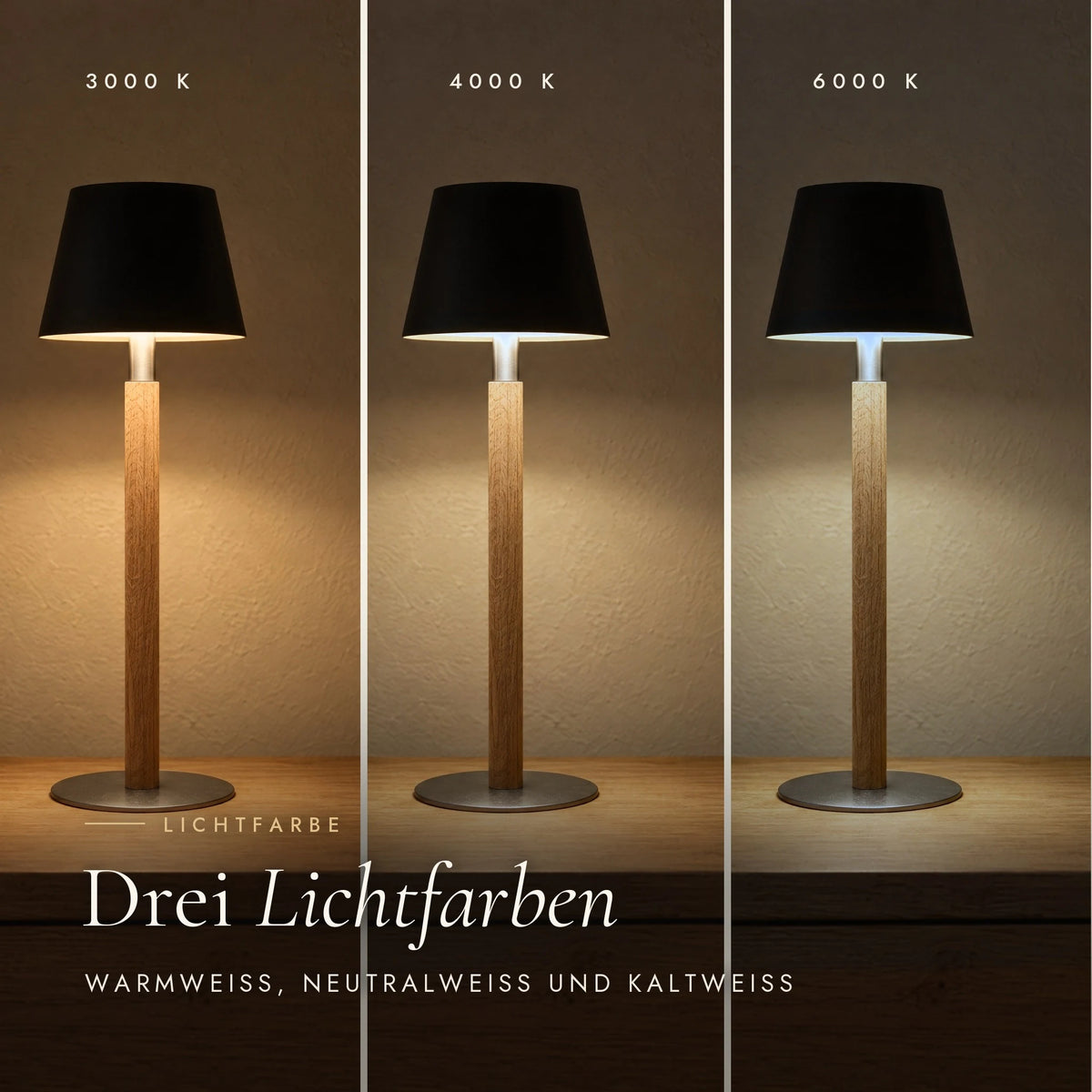 Nala rechargeable table lamp with three light colours, 3000 K, 4000 K and 6000 K compared