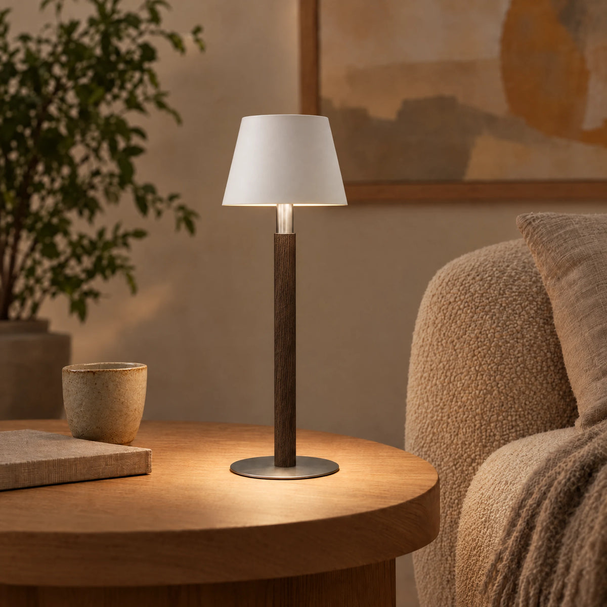Nala rechargeable table lamp in smoked oak with stainless steel base and white shade #Holzart_Variante