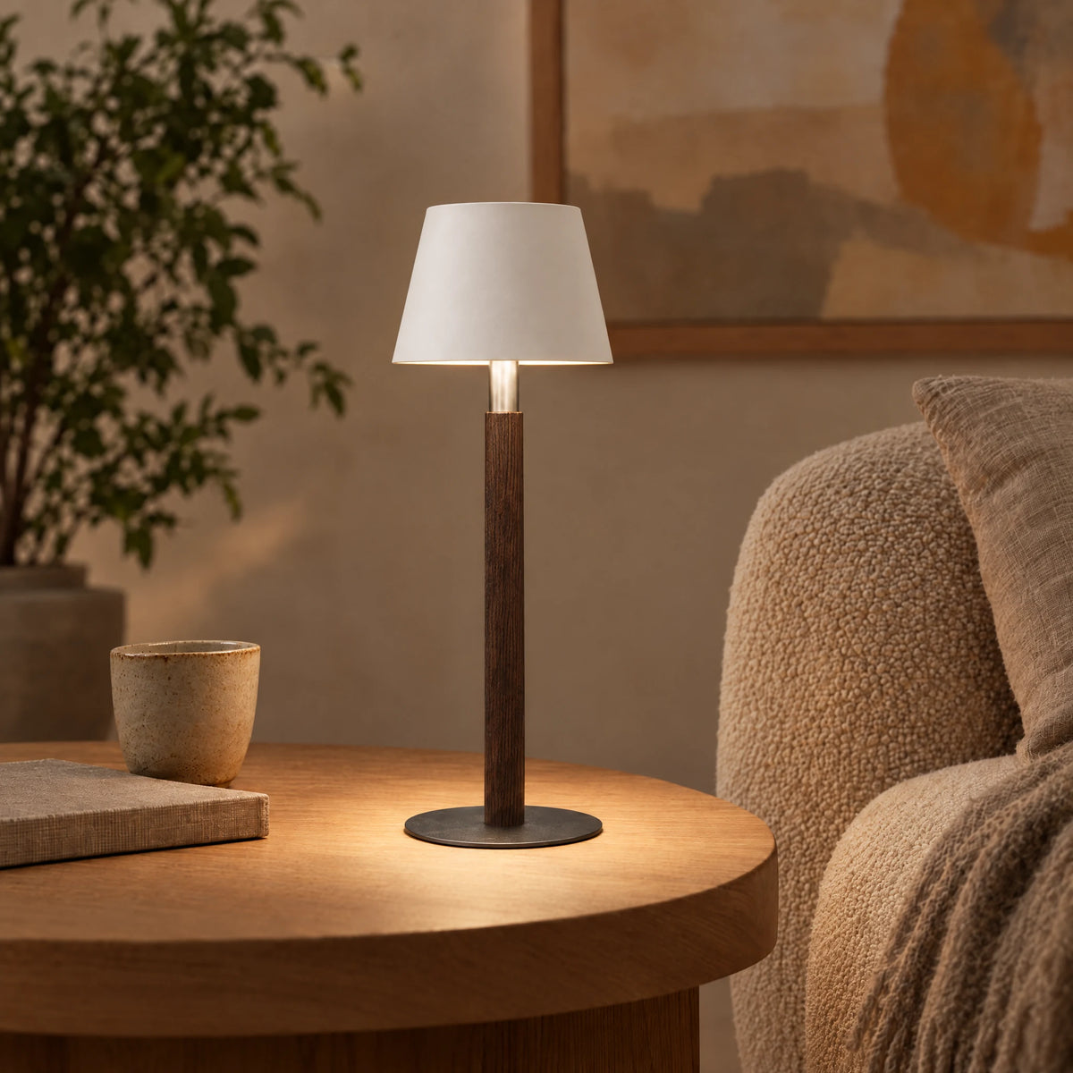 Nala rechargeable table lamp in smoked oak with raw steel base and white shade #Holzart_Variante