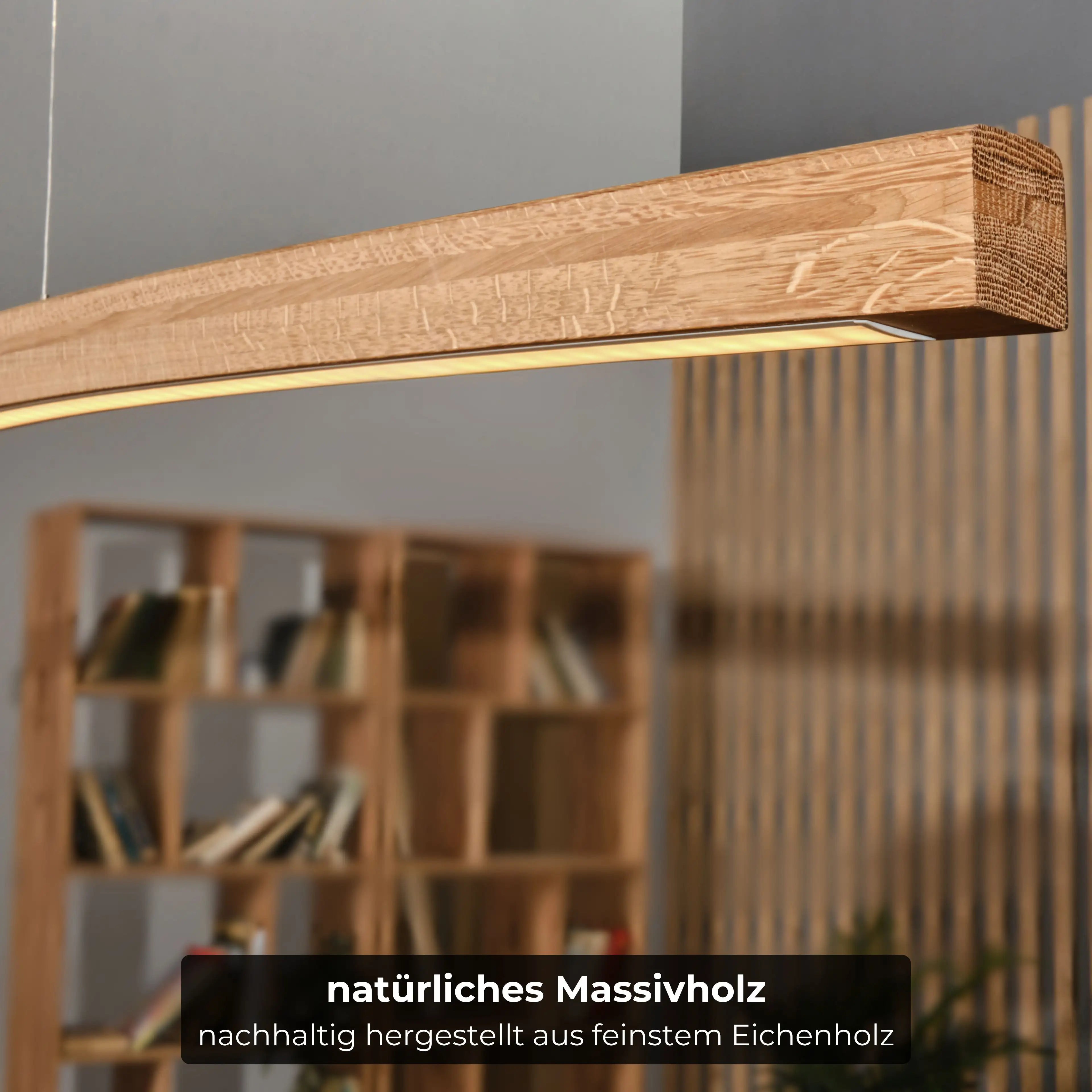 Moderne Holz-Hängelampe mit dezenter Seilaufhängung, stufenloser Dimmung & Alexa-Steuerung.