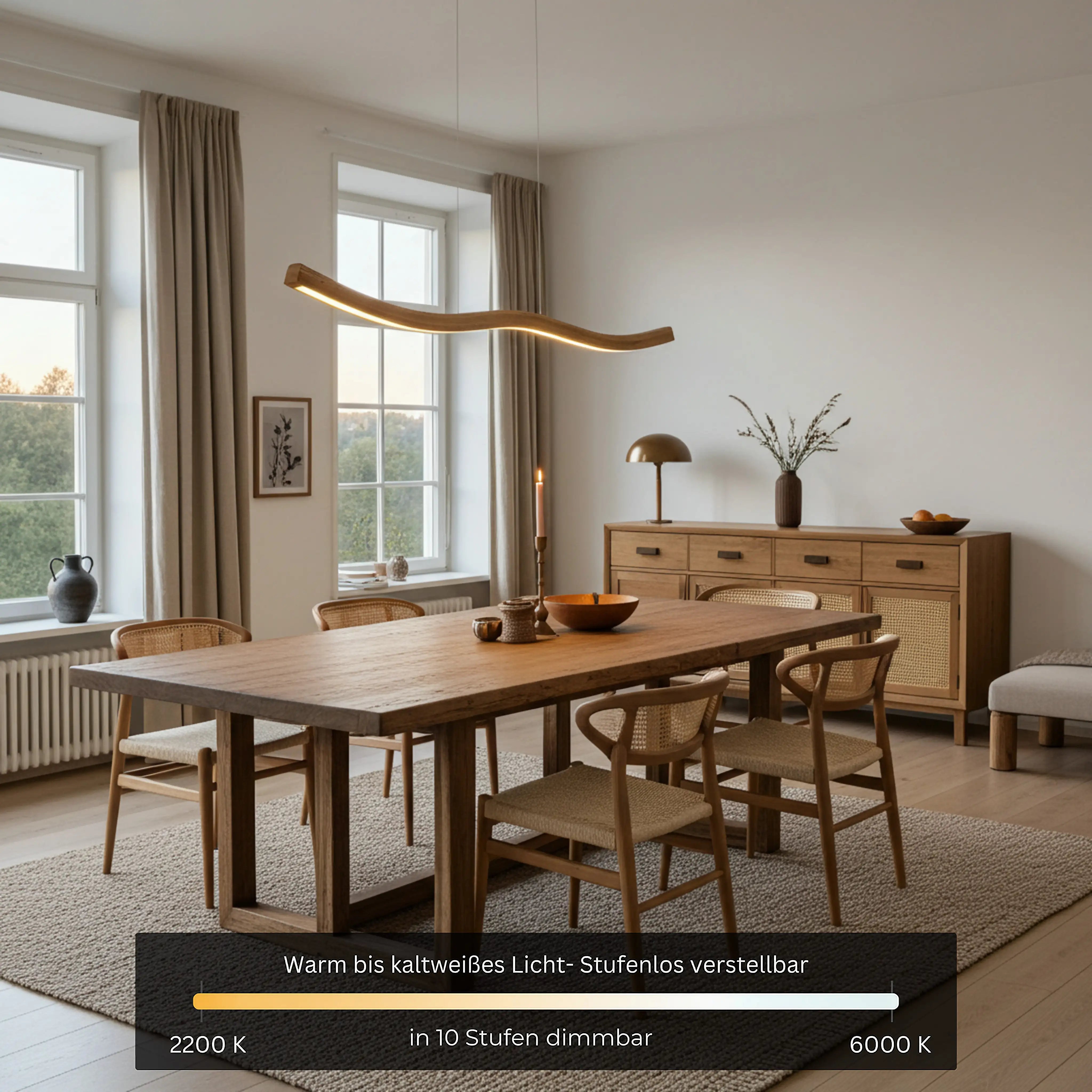 Natürliche Holzpendelleuchte für Wohn- und Esszimmer – dimmbar, smart steuerbar und handgearbeitetes Einzelstück