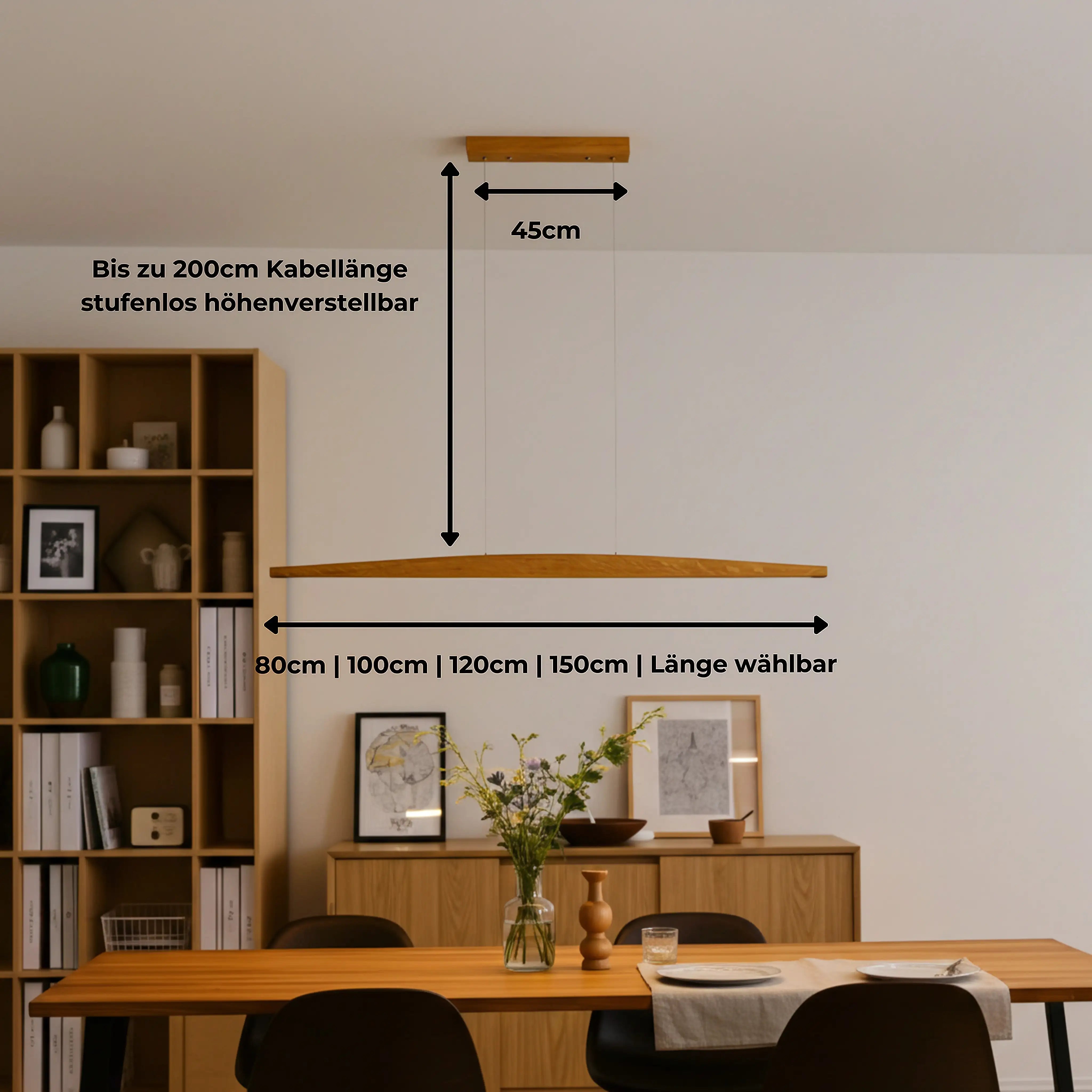 Einzigartige LED-Holzpendelleuchte über dem Esstisch – dimmbar per App, aus massivem Echtholz gefertigt