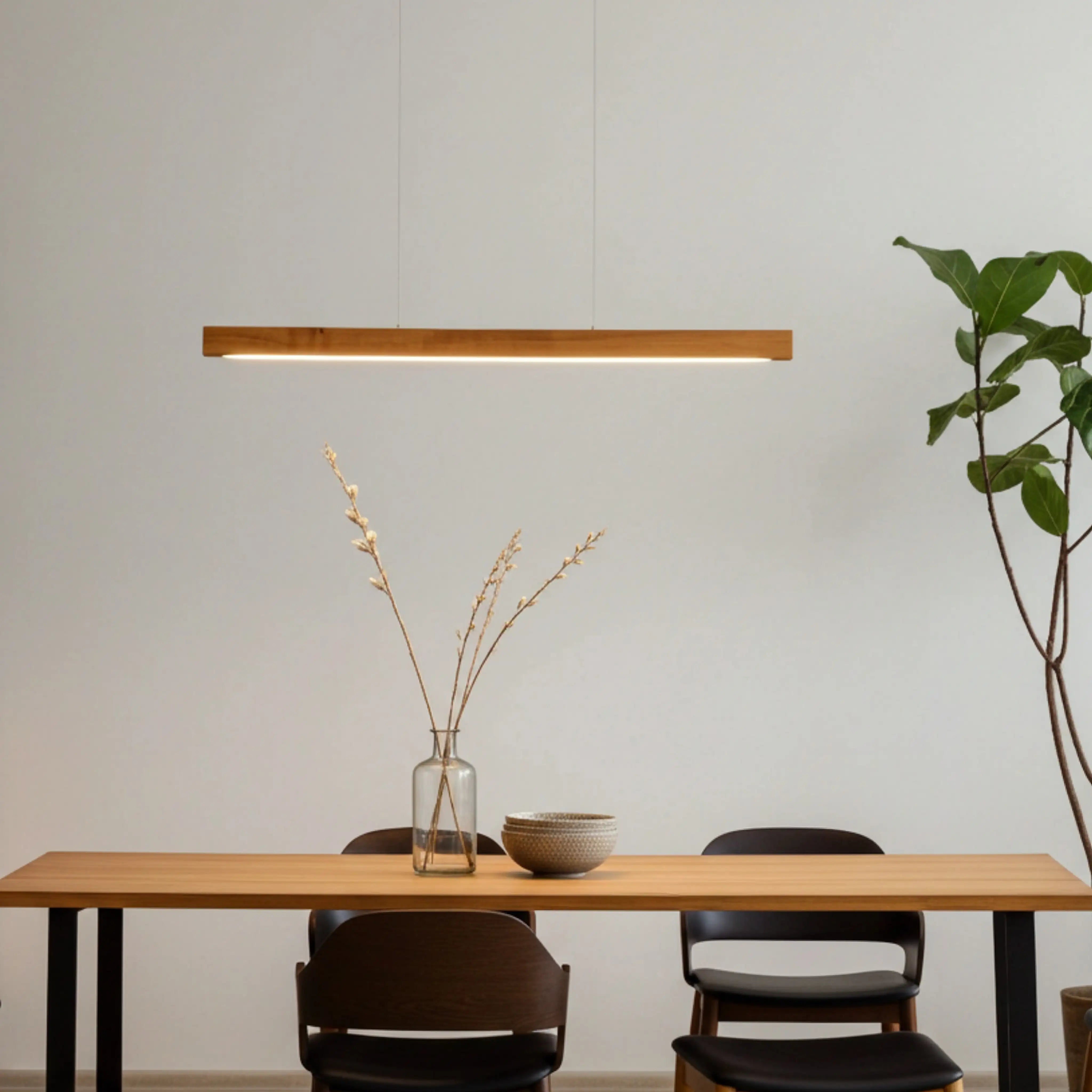 Hochwertige Holzpendelleuchte aus massivem Eichenholz, individuell dimmbar und kompatibel mit Smart-Home-Systemen