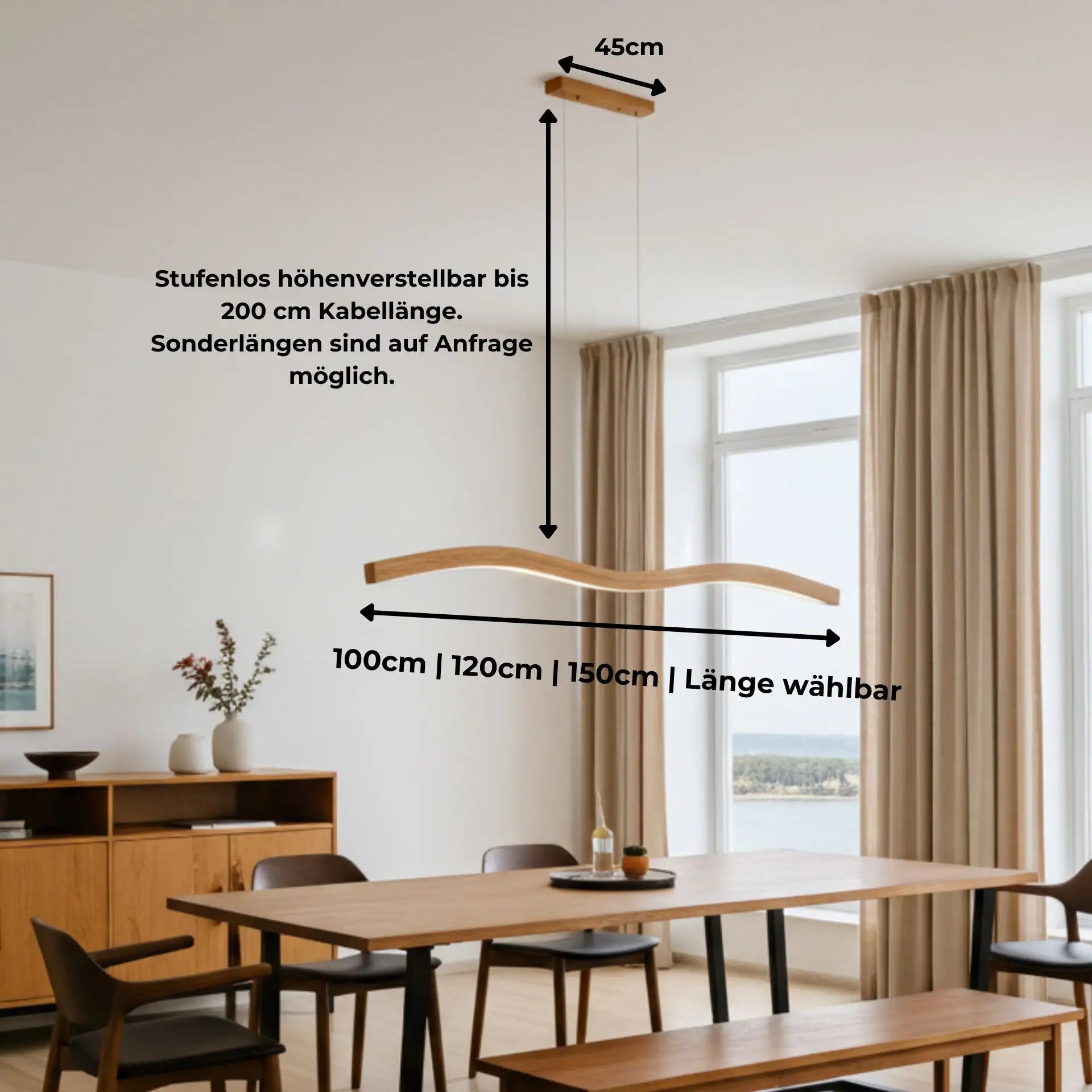 Designer Pendelleuchte aus Eichenholz, doppelt geschwungen, LED-Pendelleuchte - Mila