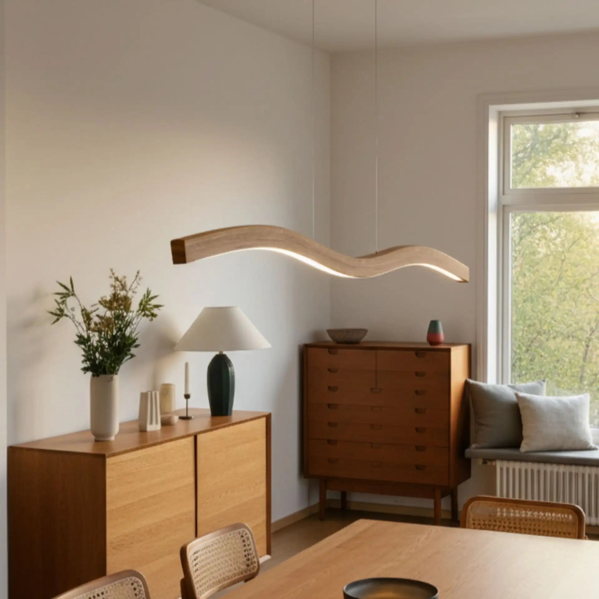 Designer Pendelleuchte aus Eichenholz, doppelt geschwungen, LED-Pendelleuchte - Mila