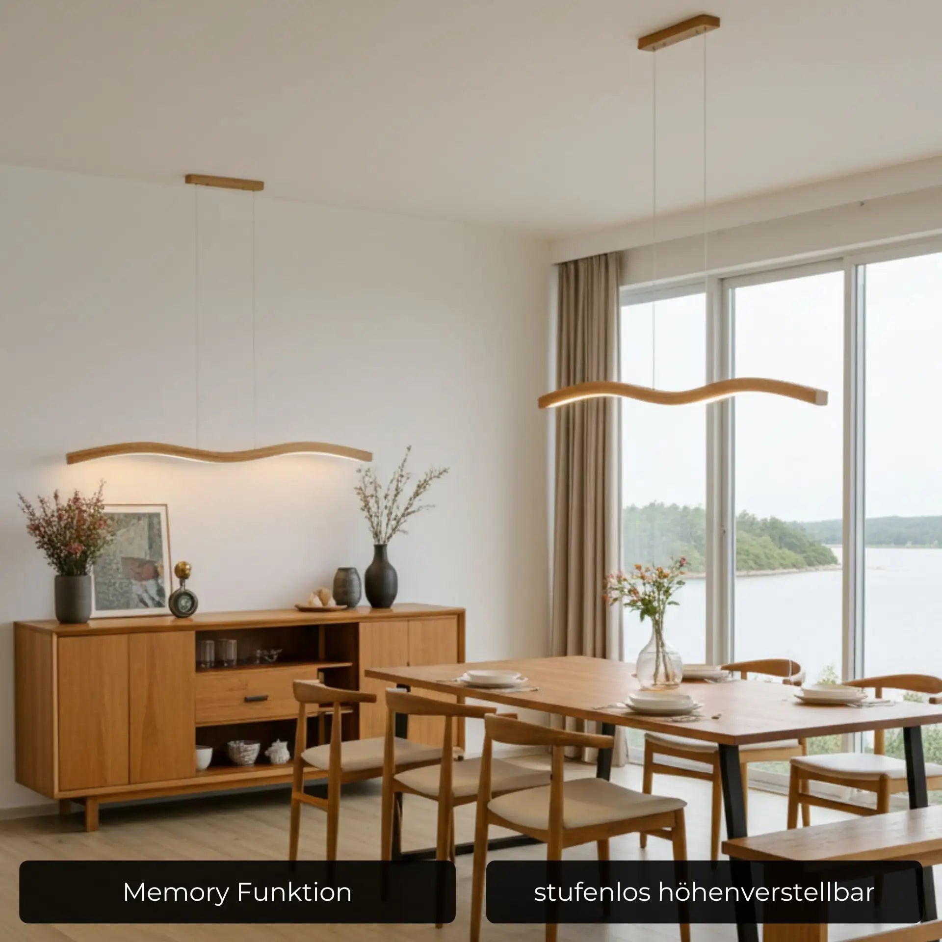 Designer Pendelleuchte aus Eichenholz, doppelt geschwungen, LED-Pendelleuchte - Mila