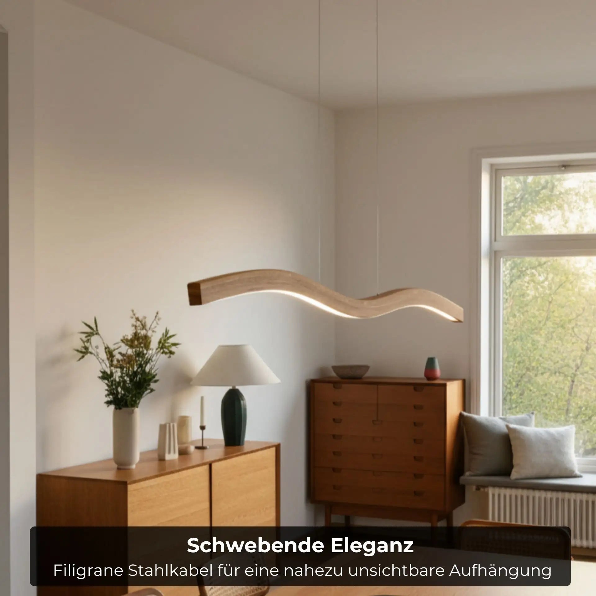 Designer Pendelleuchte aus Eichenholz, doppelt geschwungen, LED-Pendelleuchte - Mila