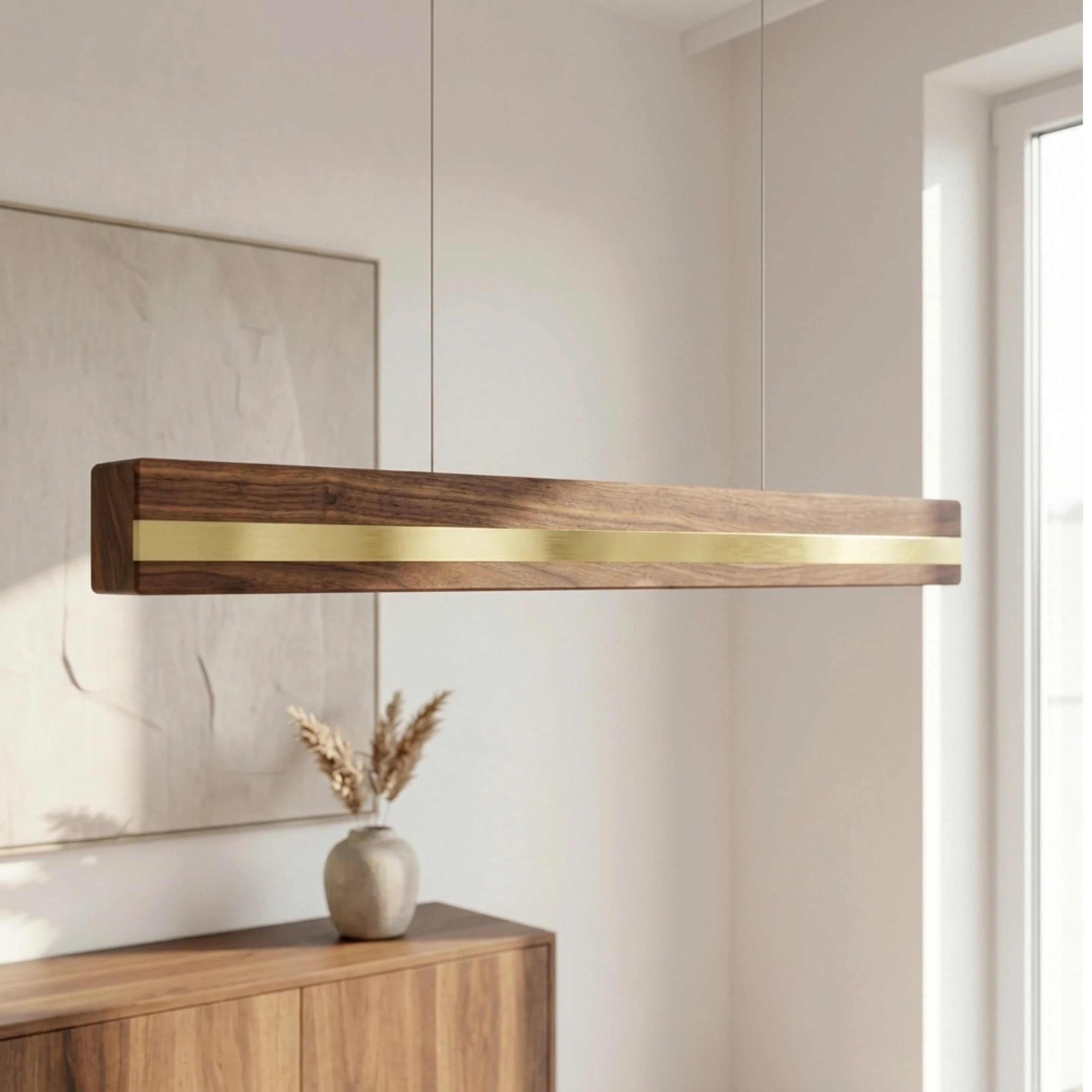 Designer Pendelleuchte aus Massivholz mit Metall-Einlegern, LED-Pendelleuchte - Veta