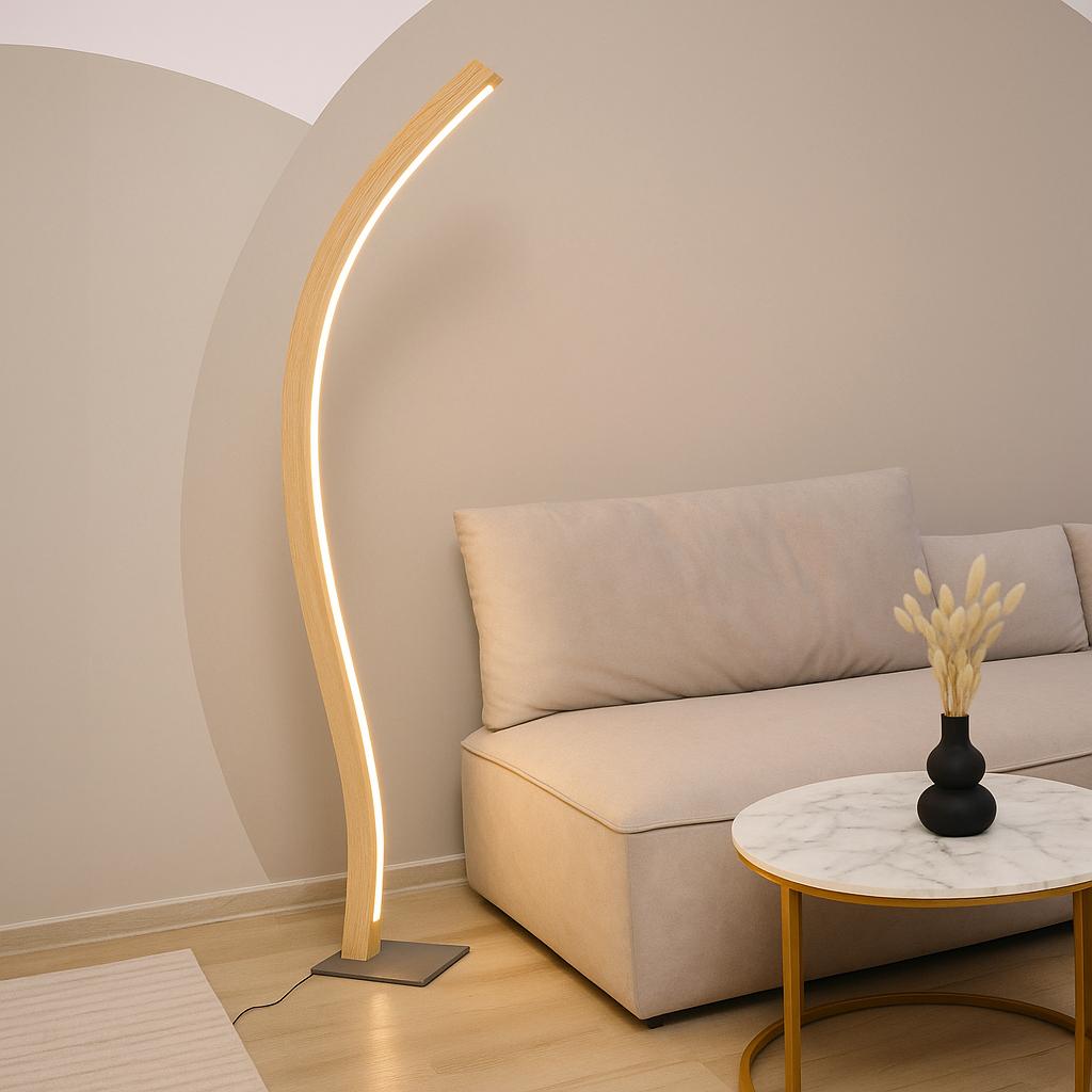 Designer Stehlampe aus Massivholz, LED-Leuchte doppelt geschwungen - Fulgor