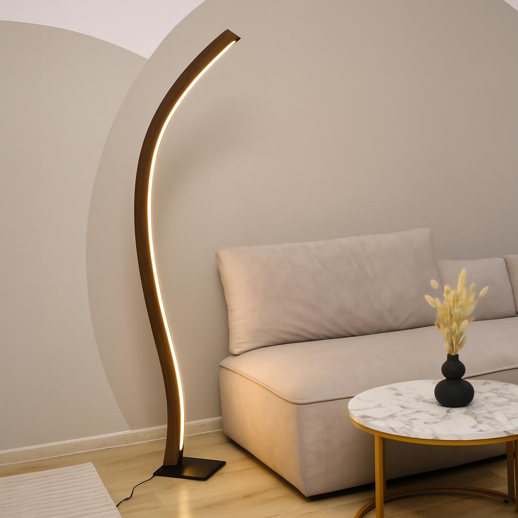 Designer Stehlampe aus Massivholz, LED-Leuchte doppelt geschwungen - Fulgor