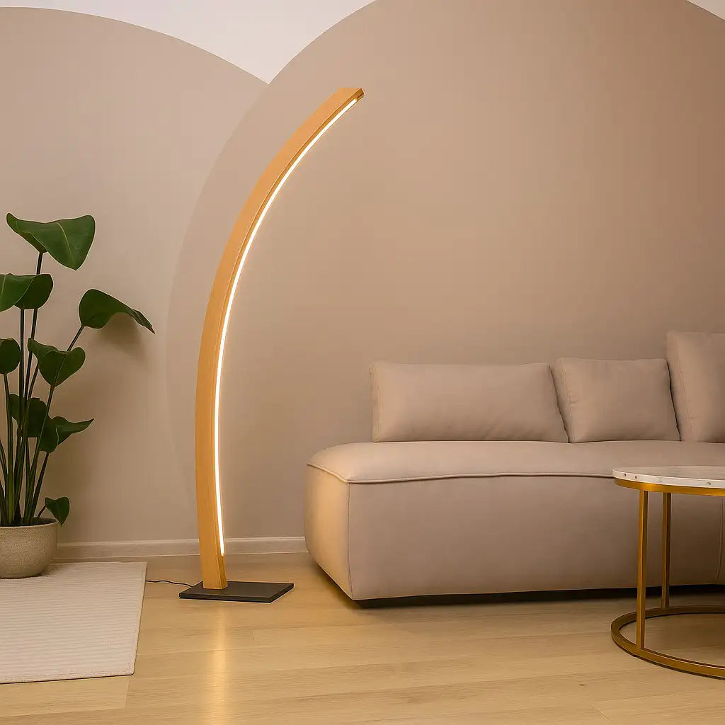 Designer Stehlampe aus Massivholz, LED-Leuchte geschwungen - Solara
