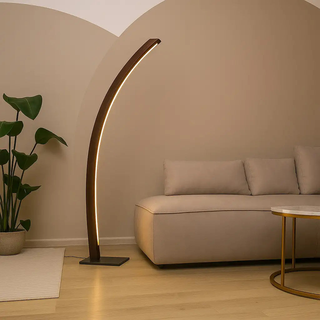 Designer Stehlampe aus Massivholz, LED-Leuchte geschwungen - Solara