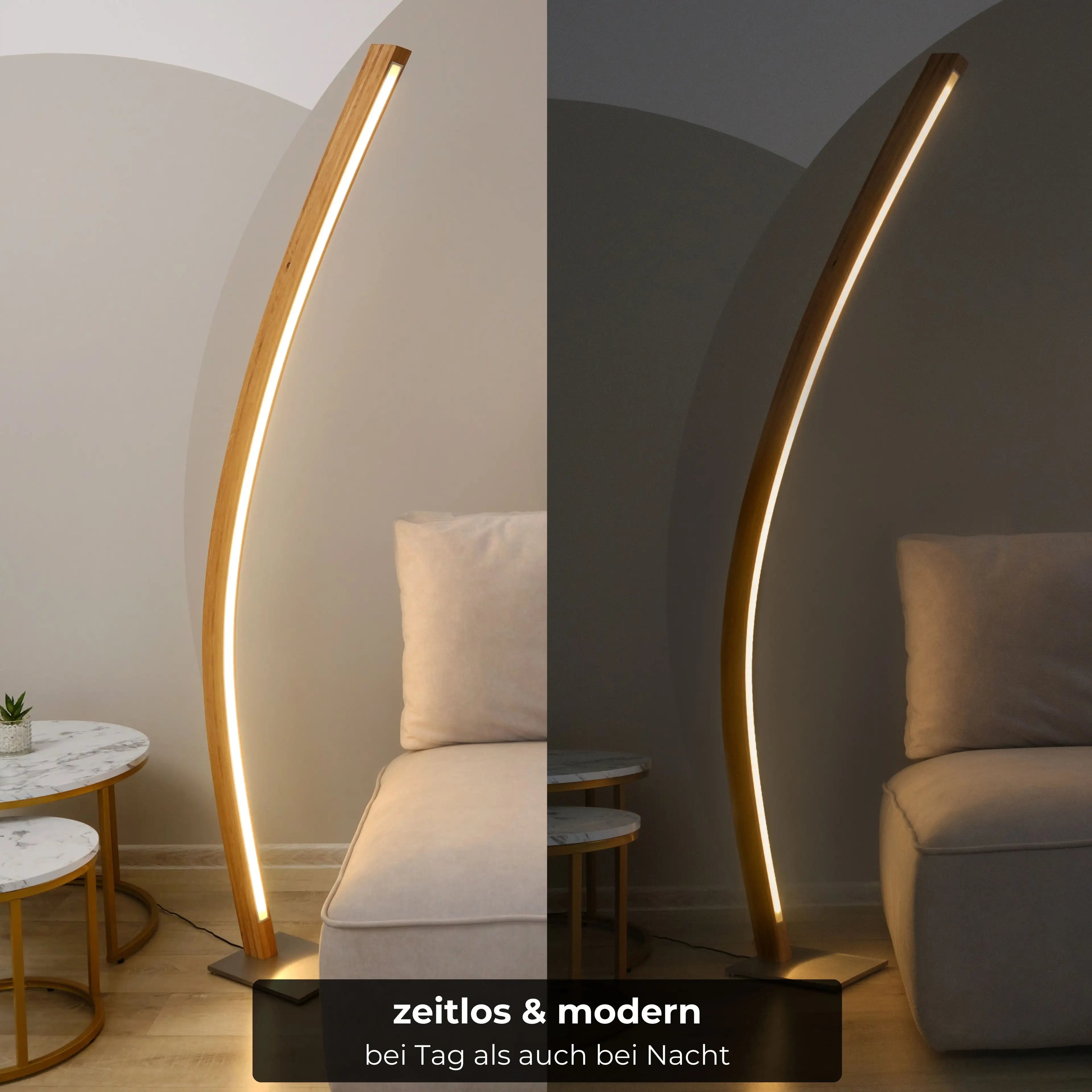 Designer-Stehlampe aus nachhaltigem Massivholz mit warmweißem Licht.