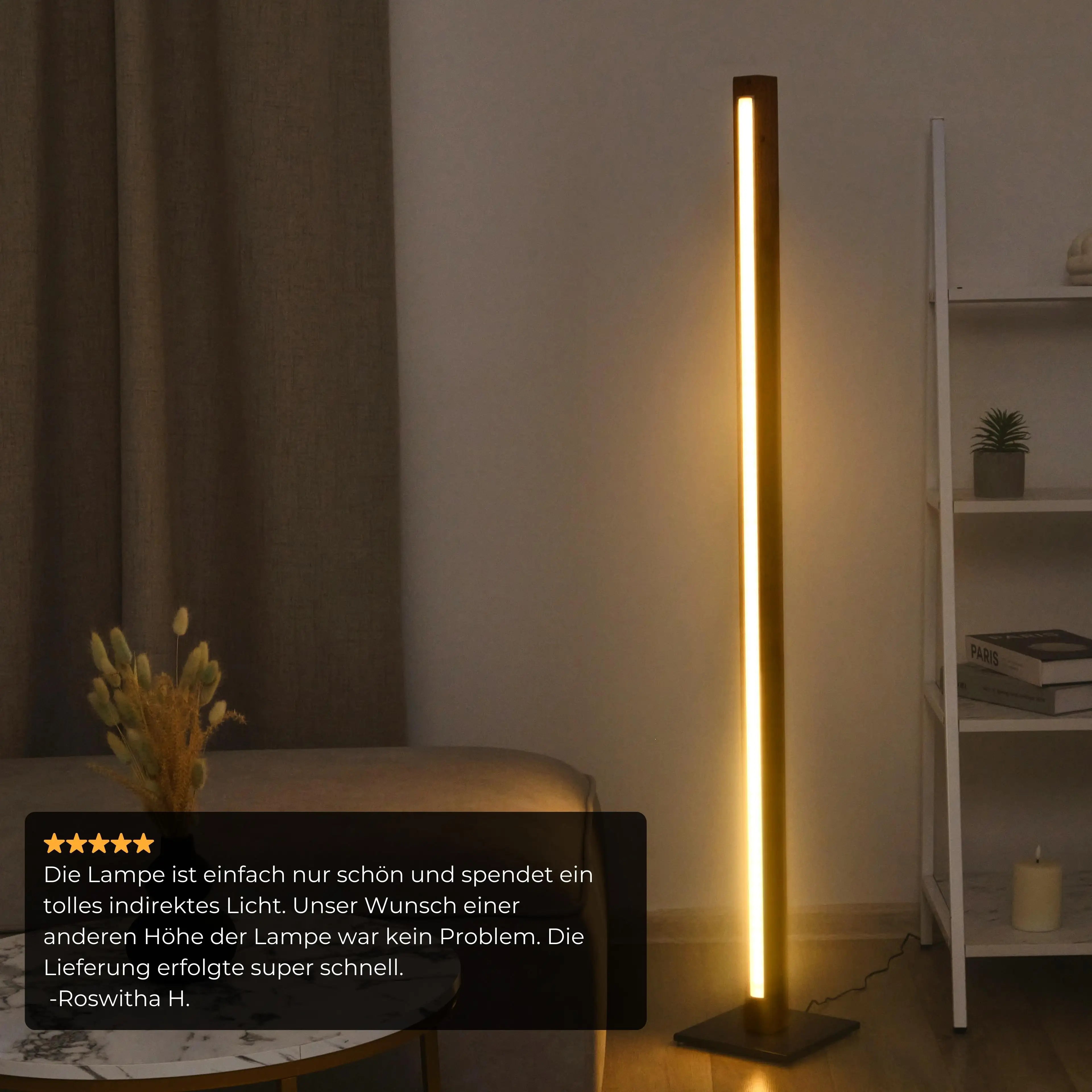 Luxuriöse Stehlampe aus handbearbeitetem Holz mit stufenloser Helligkeitsanpassung.