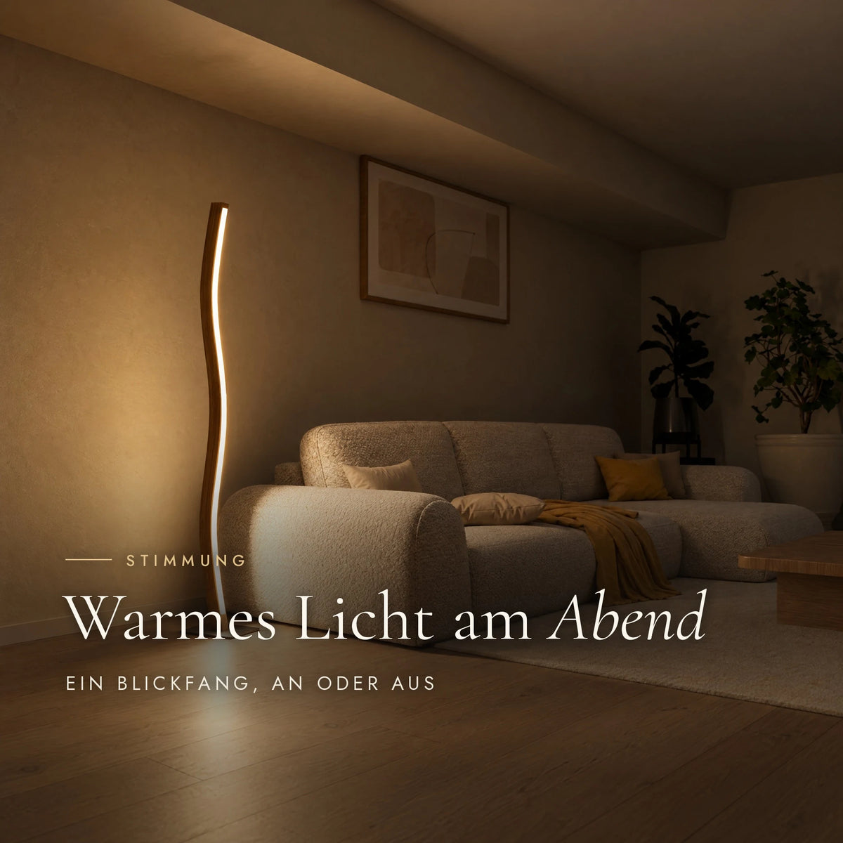 Nivara floor lamp with warm light in the living room in the evening