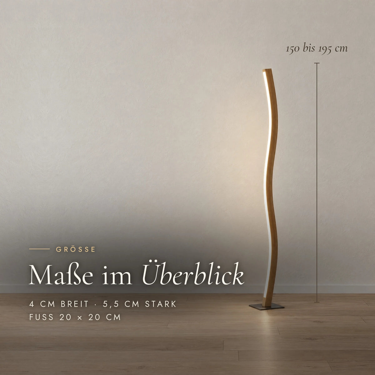 Dimensions of the Nivara floor lamp: height 150 to 195 cm, 4 cm wide, 5.5 cm thick, base 20 × 20 cm