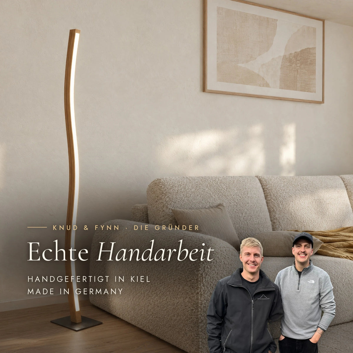 Nivara floor lamp, handmade in Kiel by founders Knud and Fynn, Made in Germany