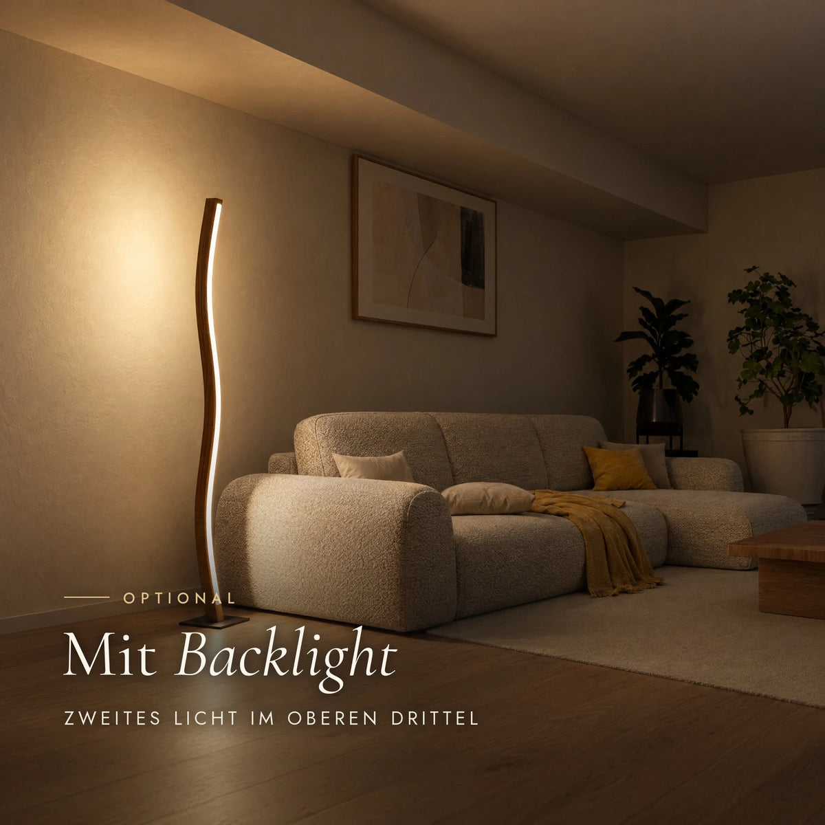 Nivara floor lamp with optional backlight, additional light on the wall behind the lamp