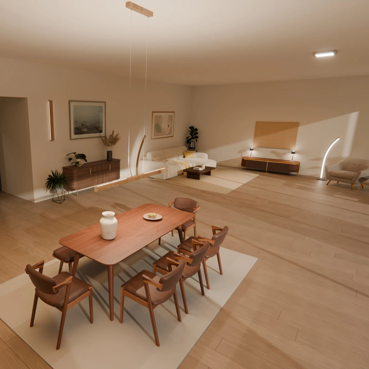 Virtueller 3D-Showroom von SpeicherArt: Essbereich mit Pendelleuchte Tara, dahinter Wohnbereich mit Stehleuchte Solara