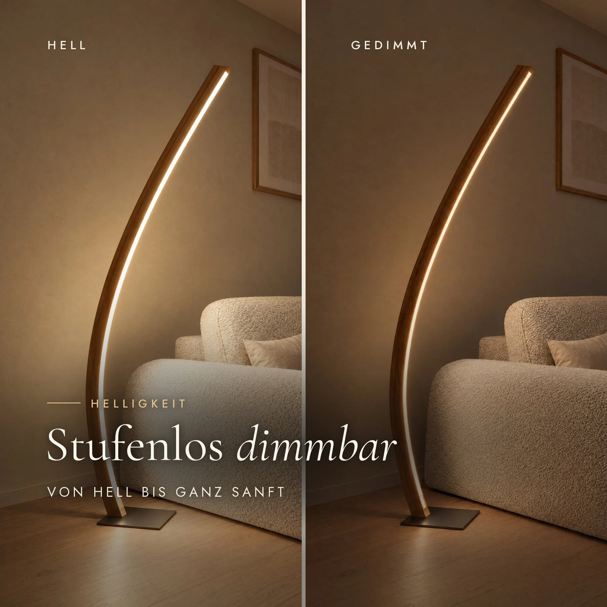 Candor floor lamp, continuously dimmable: bright and dimmed compared in the living room