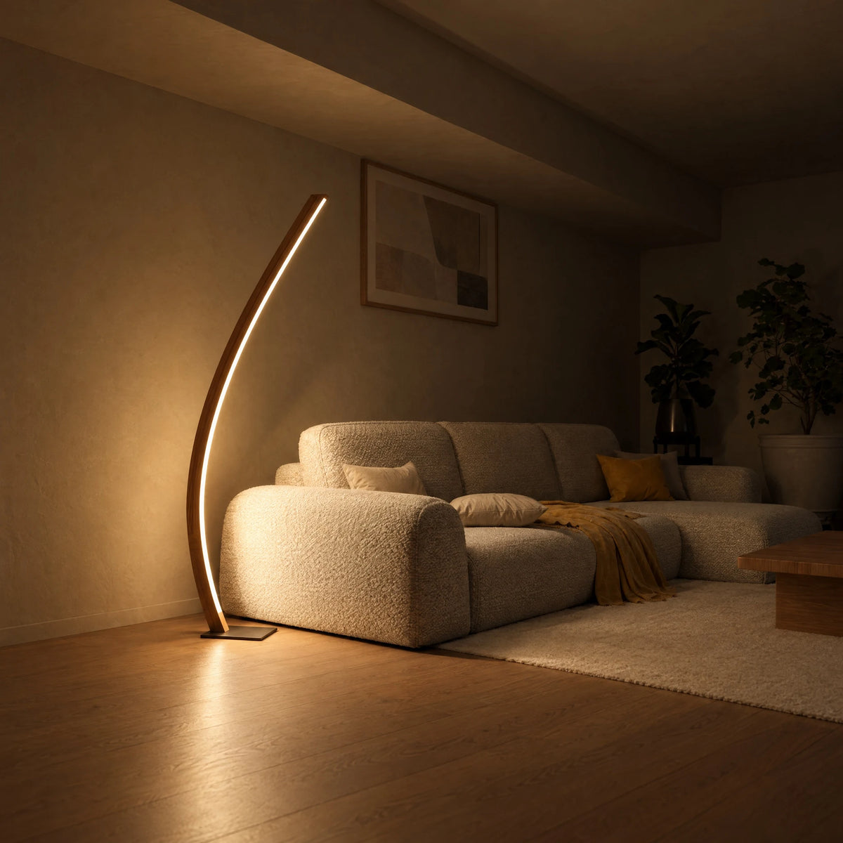 Candor solid oak floor lamp switched on in the evening next to a light sofa in the living room