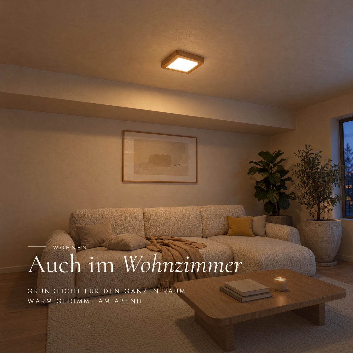 Ida Deckenleuchte im Wohnzimmer am Abend, warm gedimmt