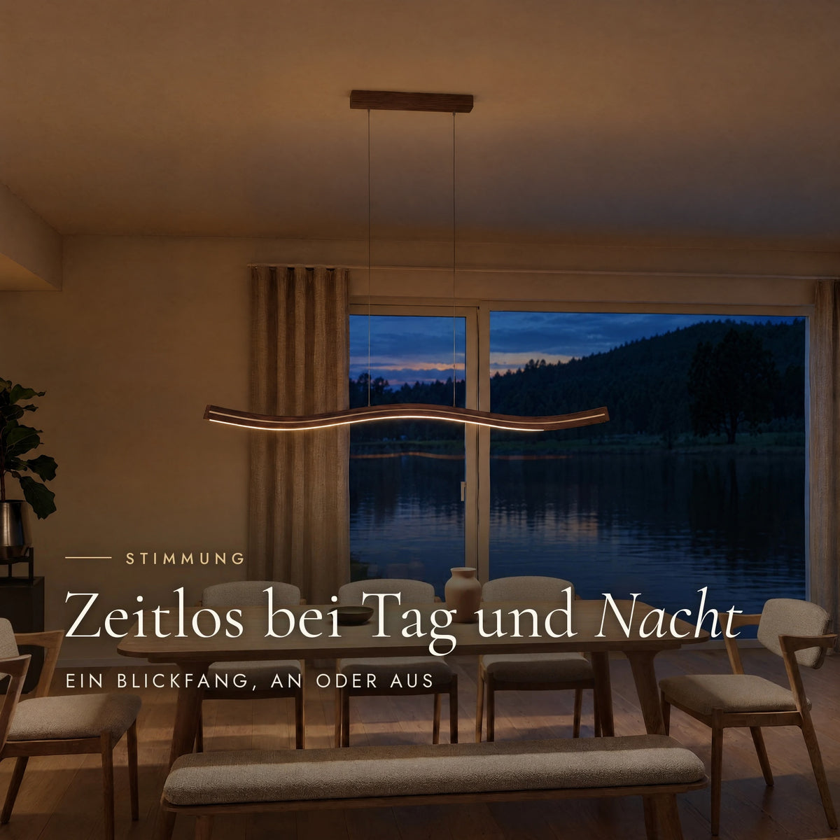 Fiona Meridian aus Walnuss in Abendstimmung: warmes Licht über dem Esstisch, draußen der See in der Dämmerung