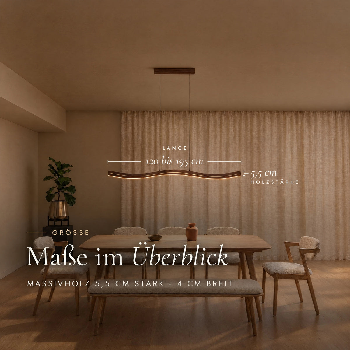 Maße der Pendelleuchte Fiona Meridian: Länge 120 bis 195 cm, Holzstärke 5,5 cm, Breite 4 cm, gezeigt über einem Esstisch