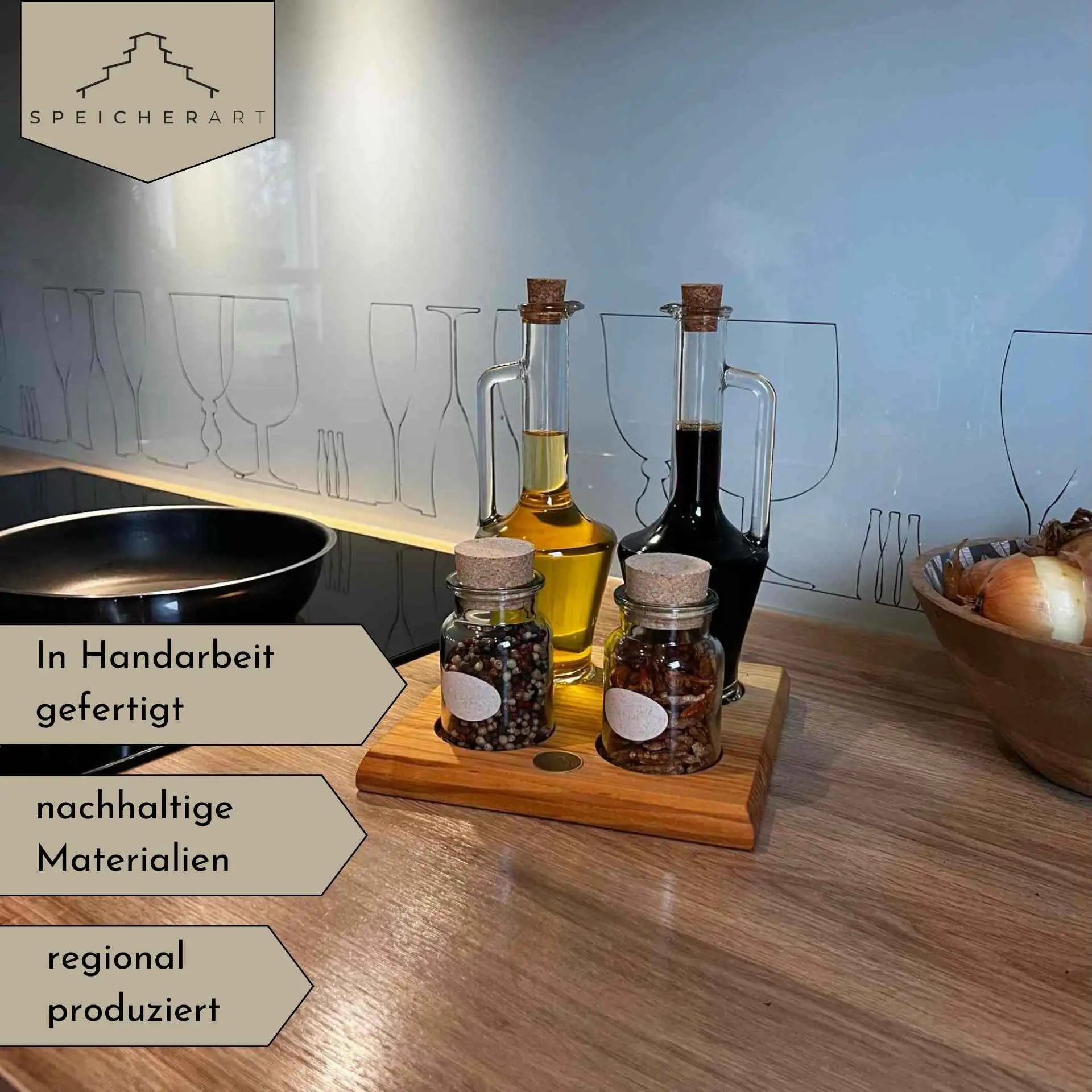 Erlebe kulinarischen Luxus mit unserem handgefertigten Essig & Öl Set aus edlem Massivholz.