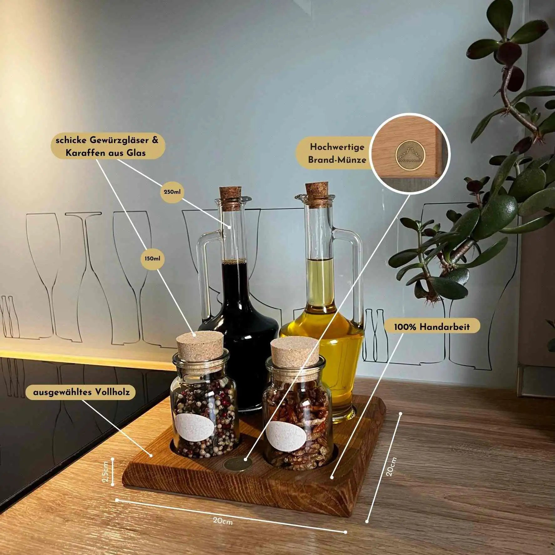 Ein Hauch von Natur auf deinem Tisch: Unser Essig & Öl Set aus nachhaltigem Massivholz.