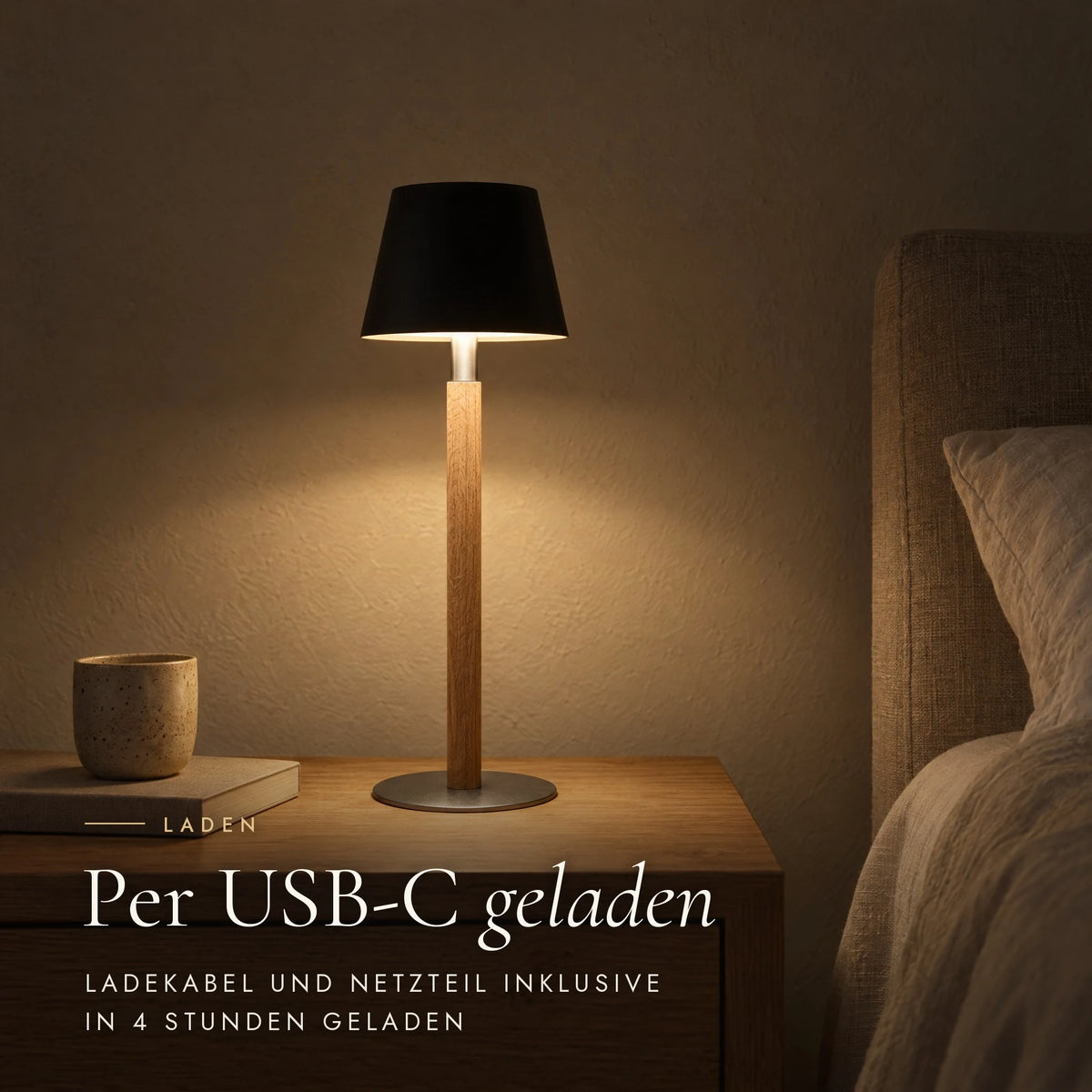 Nala rechargeable table lamp charges via USB-C, cable and power adapter included