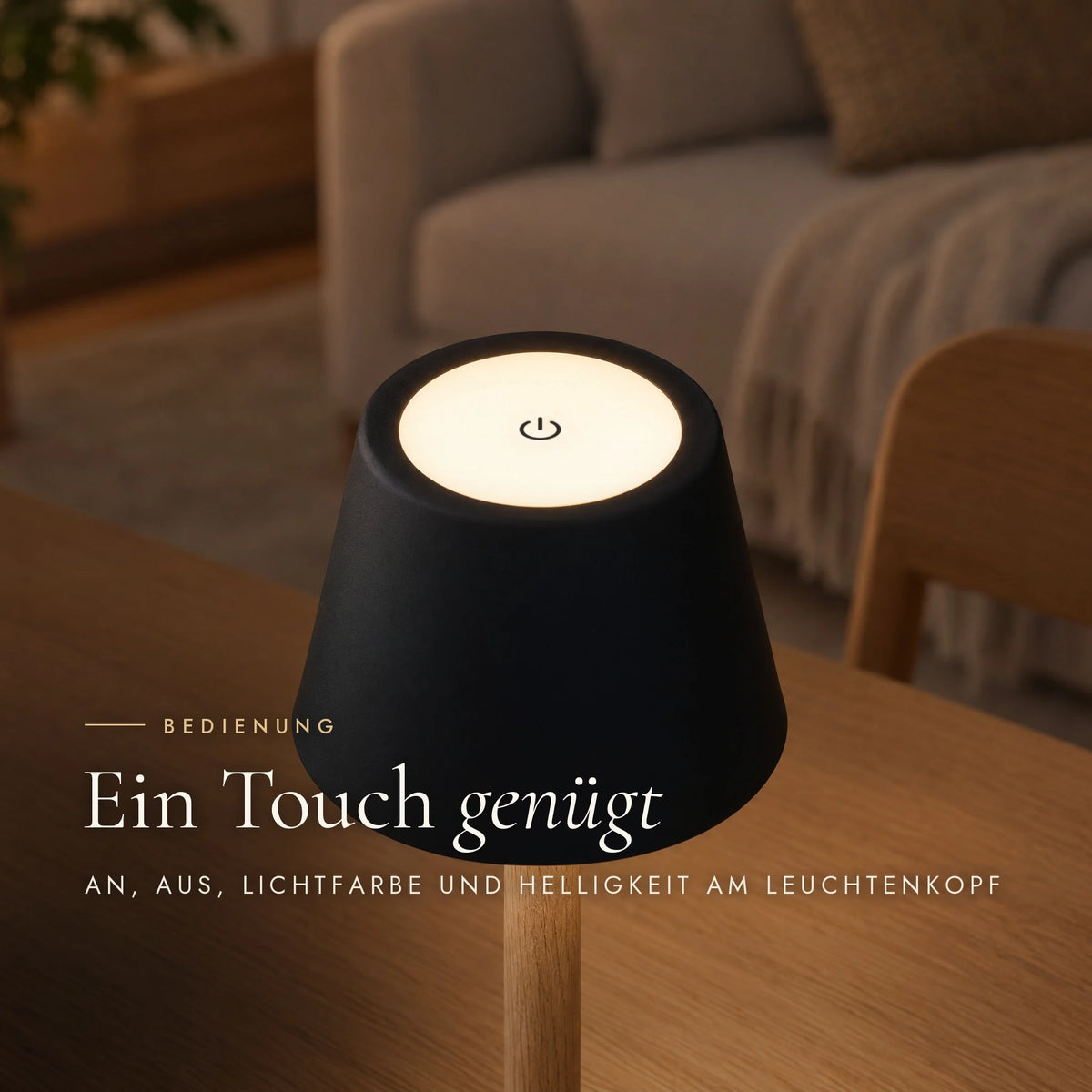 Touch control on the lamp head of the Nala rechargeable table lamp with standby symbol