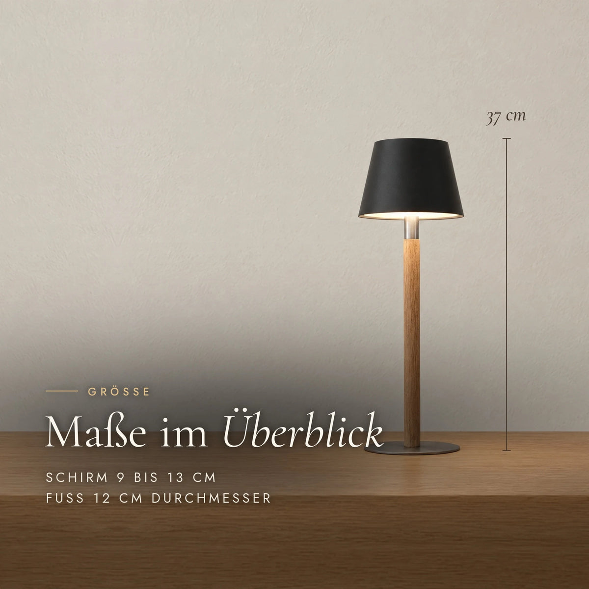 Dimensions of the Nala rechargeable table lamp: 37 cm high, shade 9 to 13 cm, base 12 cm diameter