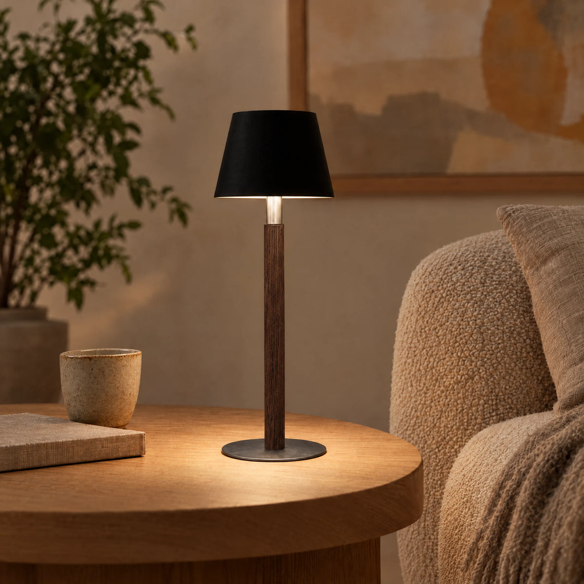 Nala rechargeable table lamp in smoked oak with raw steel base and black shade #Holzart_Variante