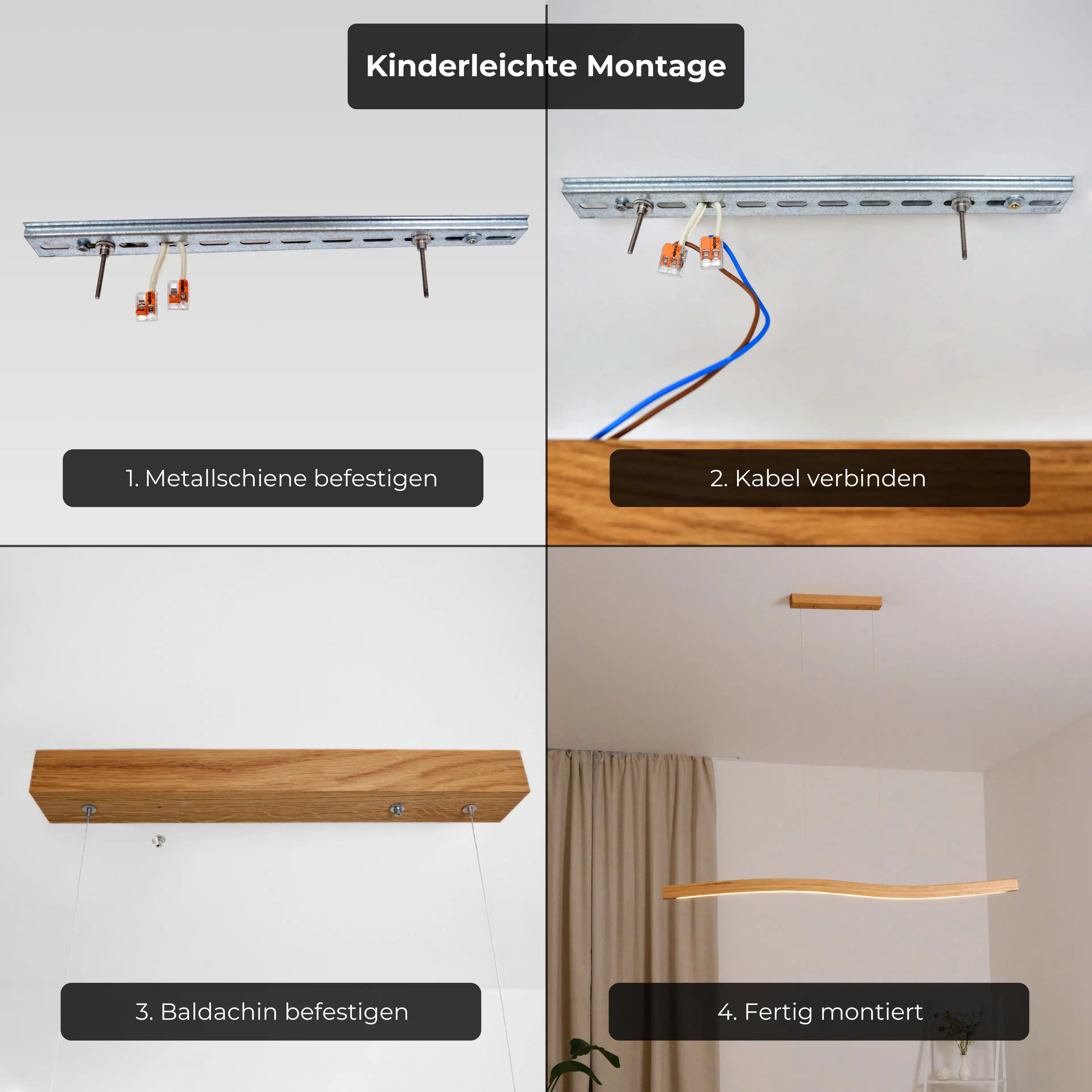 Stilvolle Holz-Hängeleuchte mit warmweißer LED & smarter Lichtsteuerung.
