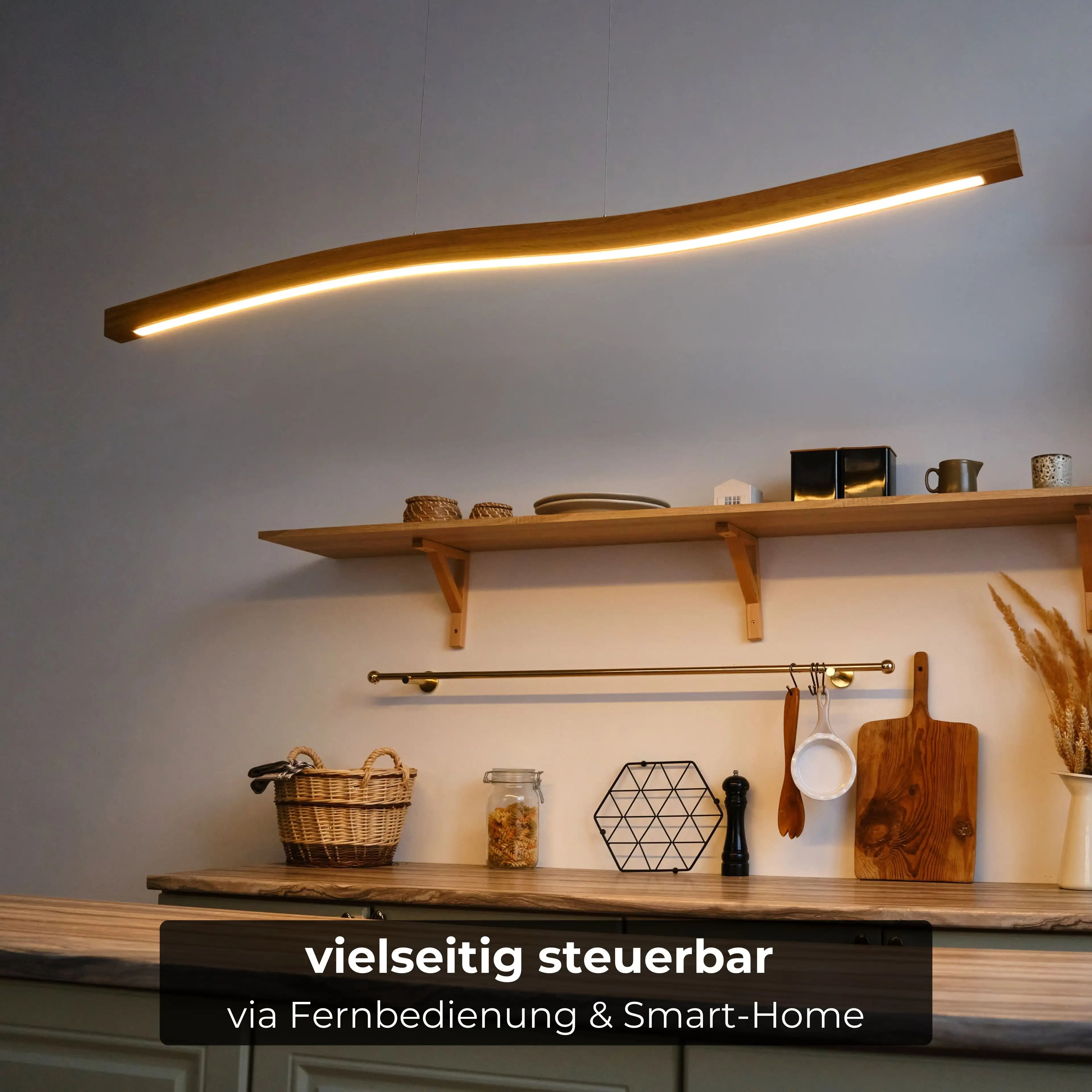 Elegante Holz-Pendelleuchte mit individueller Dimmfunktion & smarter Steuerung per App oder Sprachbefehl.
