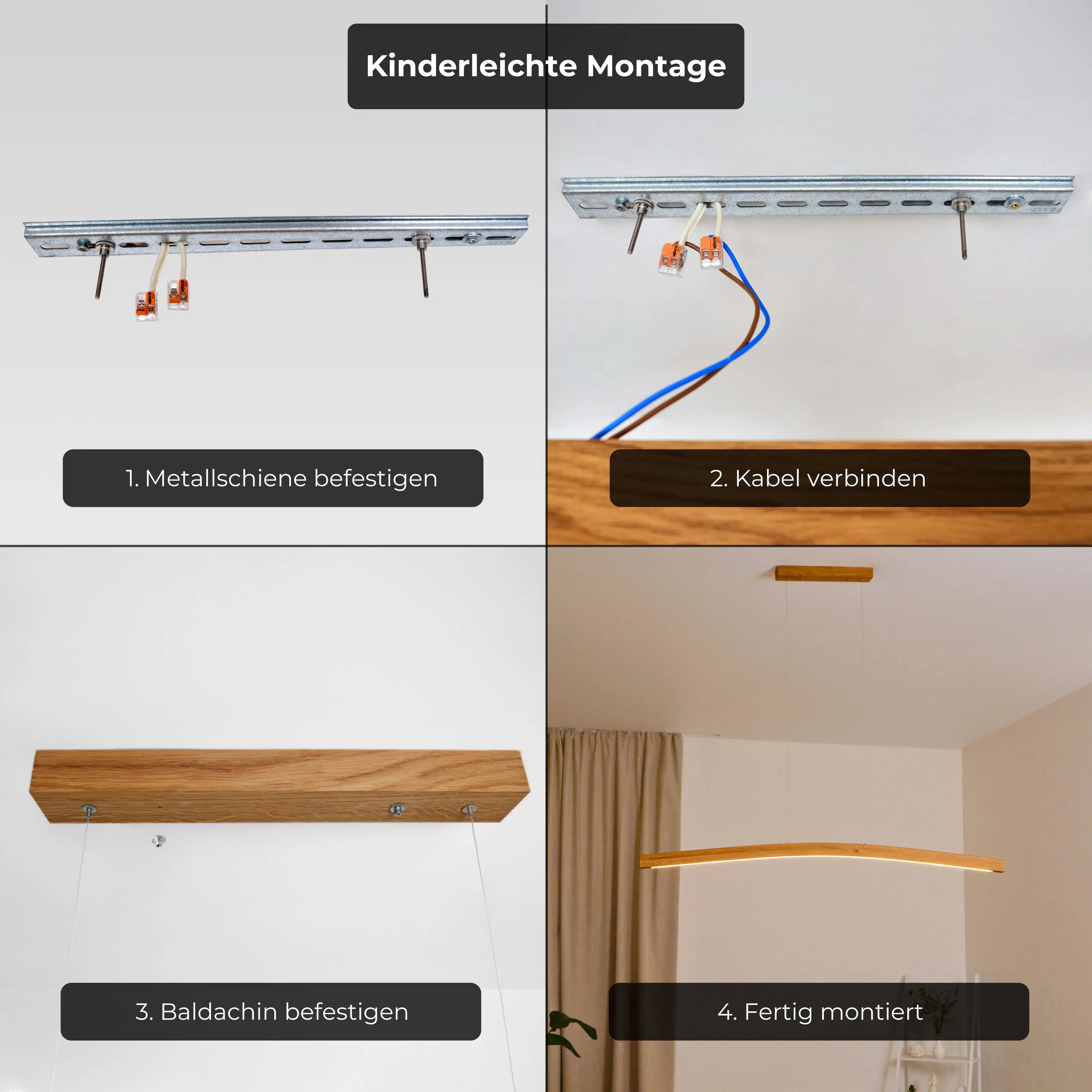 Stilvolle Holzpendelleuchte mit filigraner Drahtaufhängung, Smart-Dimming & App-Steuerung.
