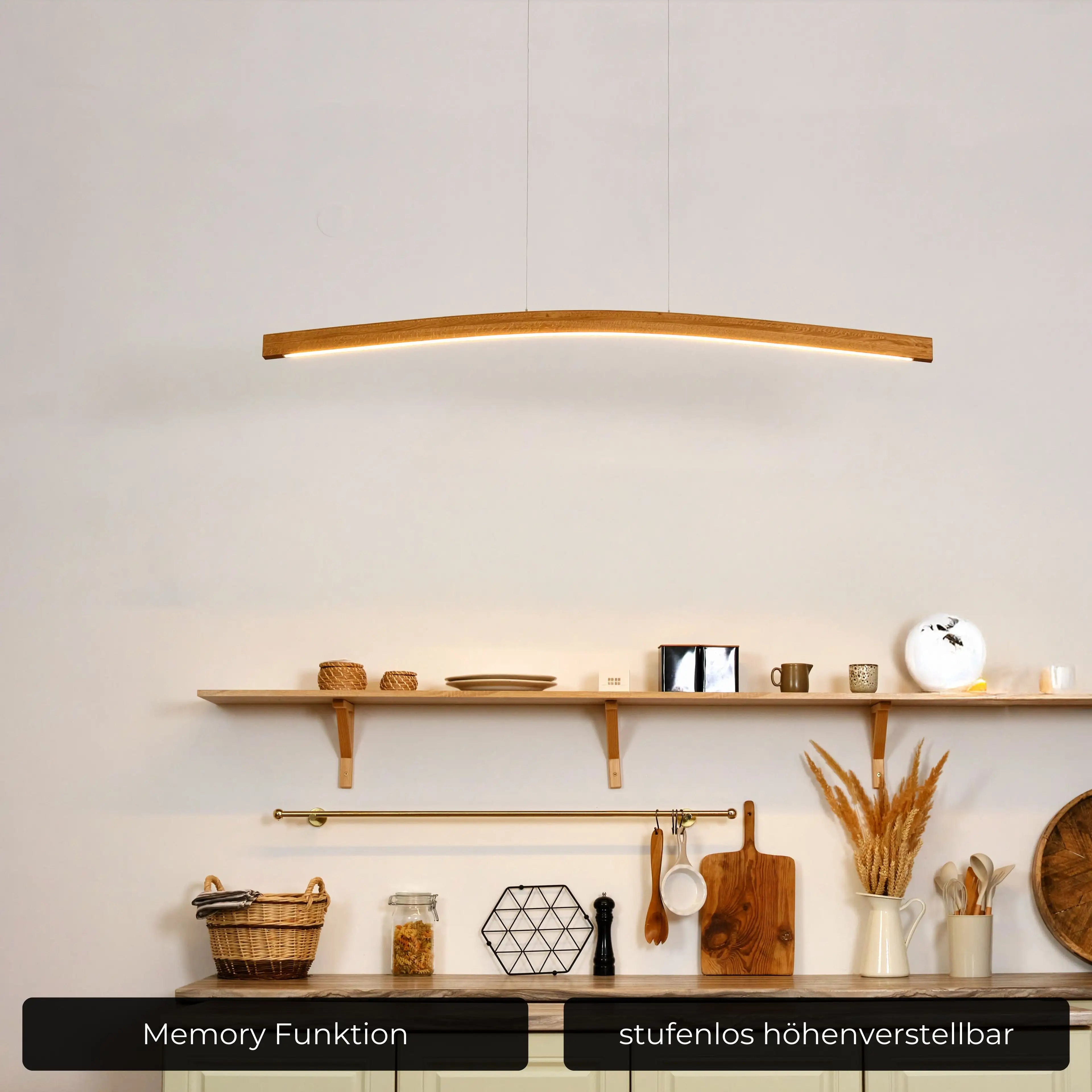 Minimalistische Pendelleuchte aus Massivholz mit sanfter Dimmung & Smart-Home-Kompatibilität.
