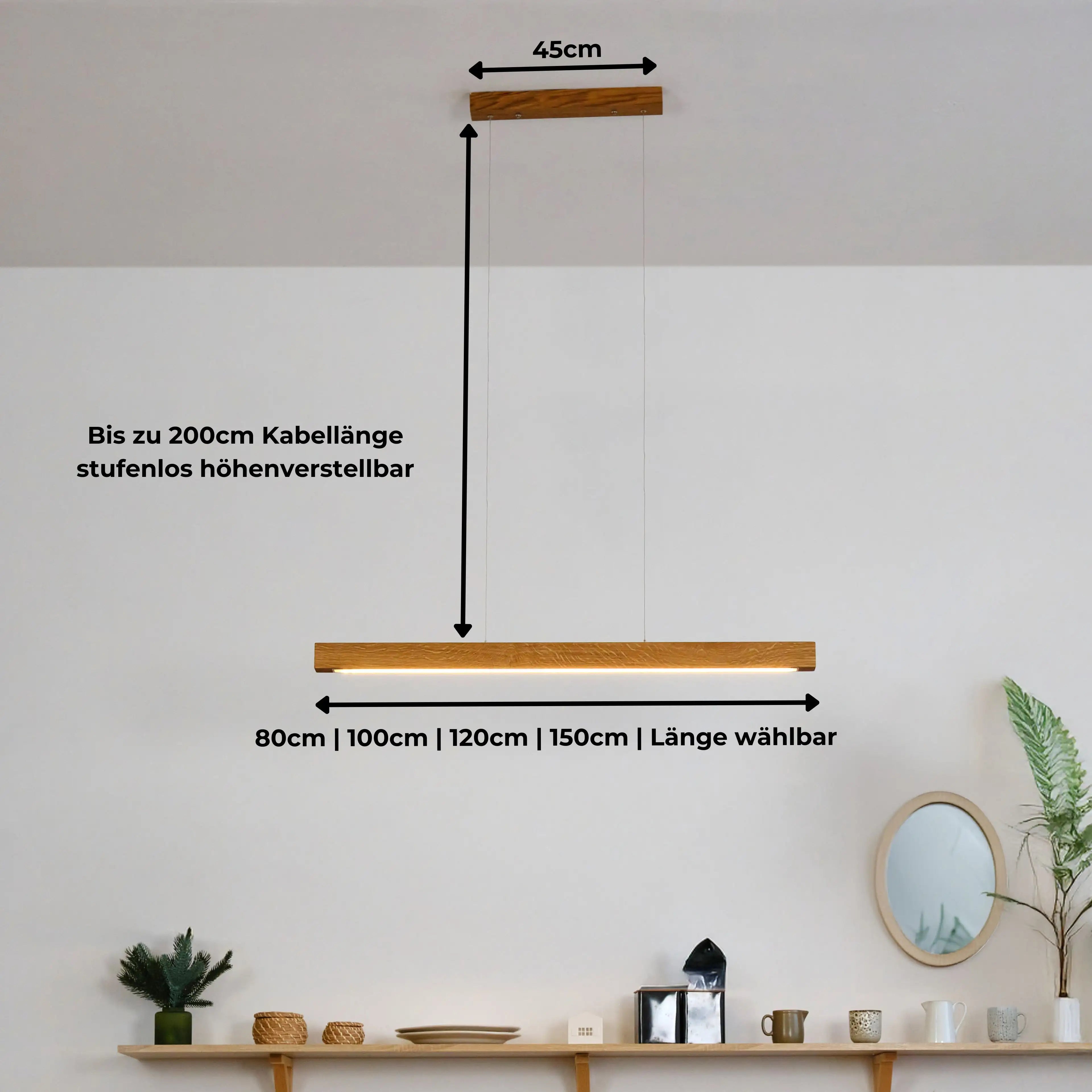 Elegantes Holzdesign mit Hightech-Komfort: Dimmbare LED-Pendelleuchte mit smarter Lichtsteuerung.
