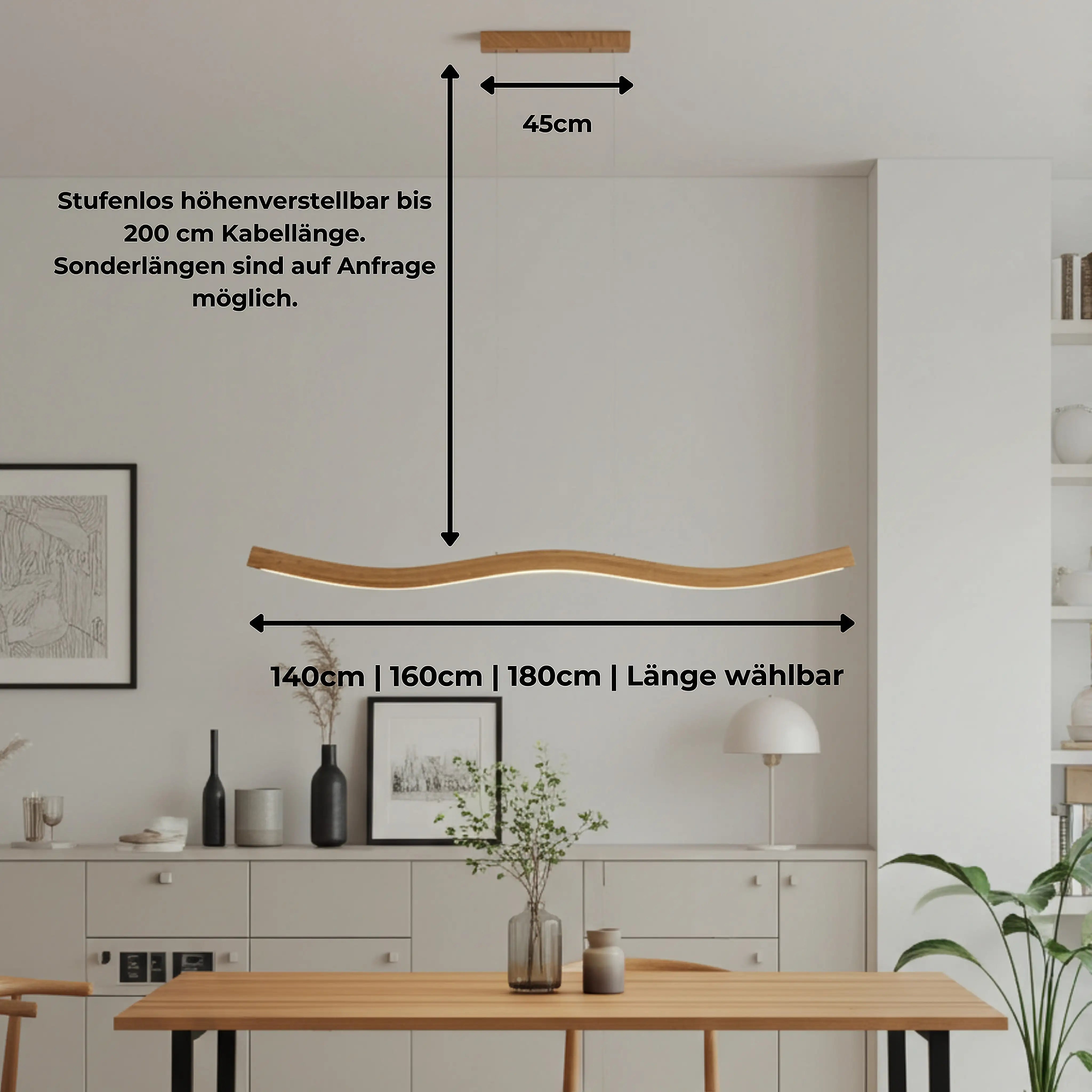 Massivholzlampe über dem Esstisch – dimmbare LED-Leuchte, handgefertigt und smart steuerbar