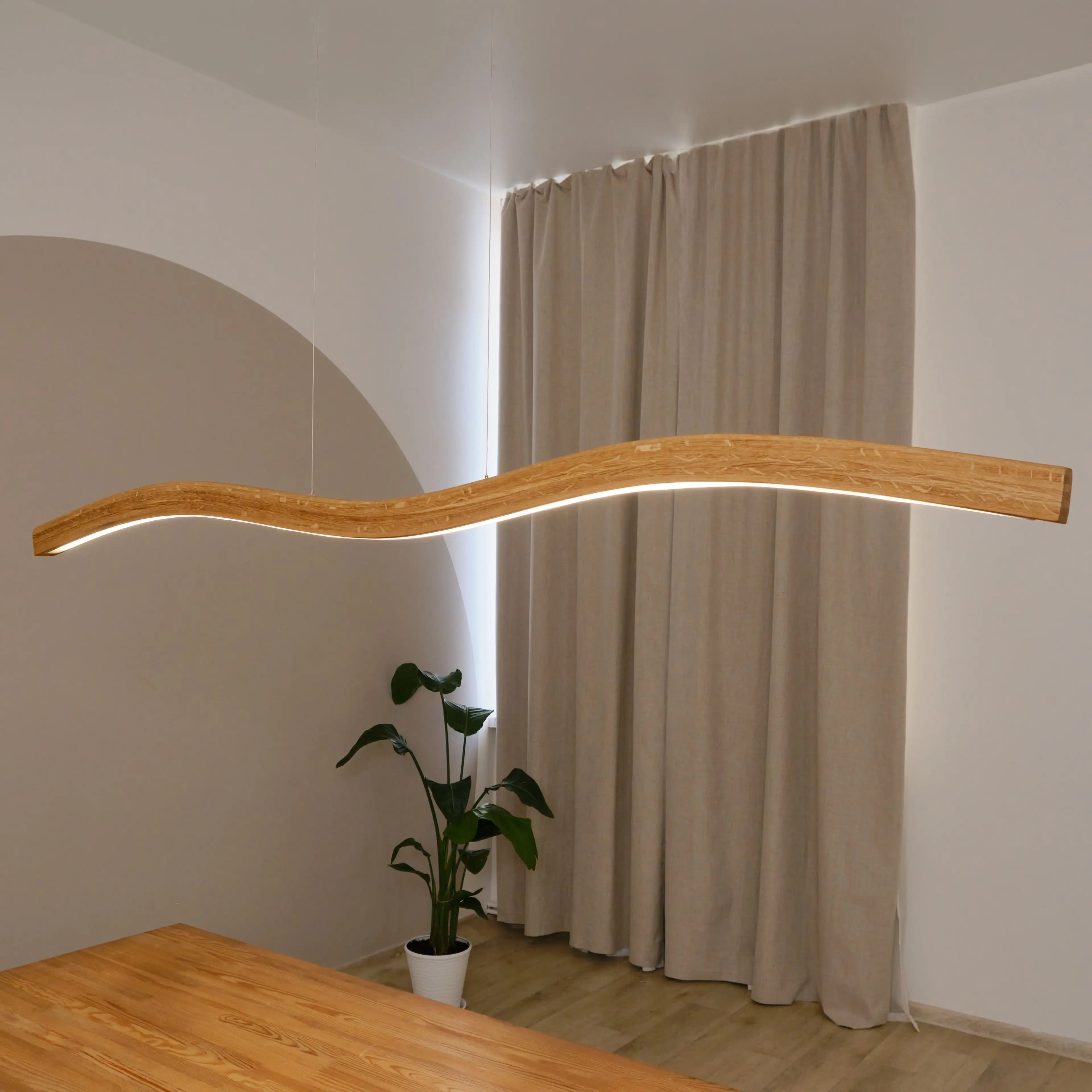 Designer Pendelleuchte aus Eichenholz, 175cm,  doppelt geschwungen, LED-Pendelleuchte - Mila
