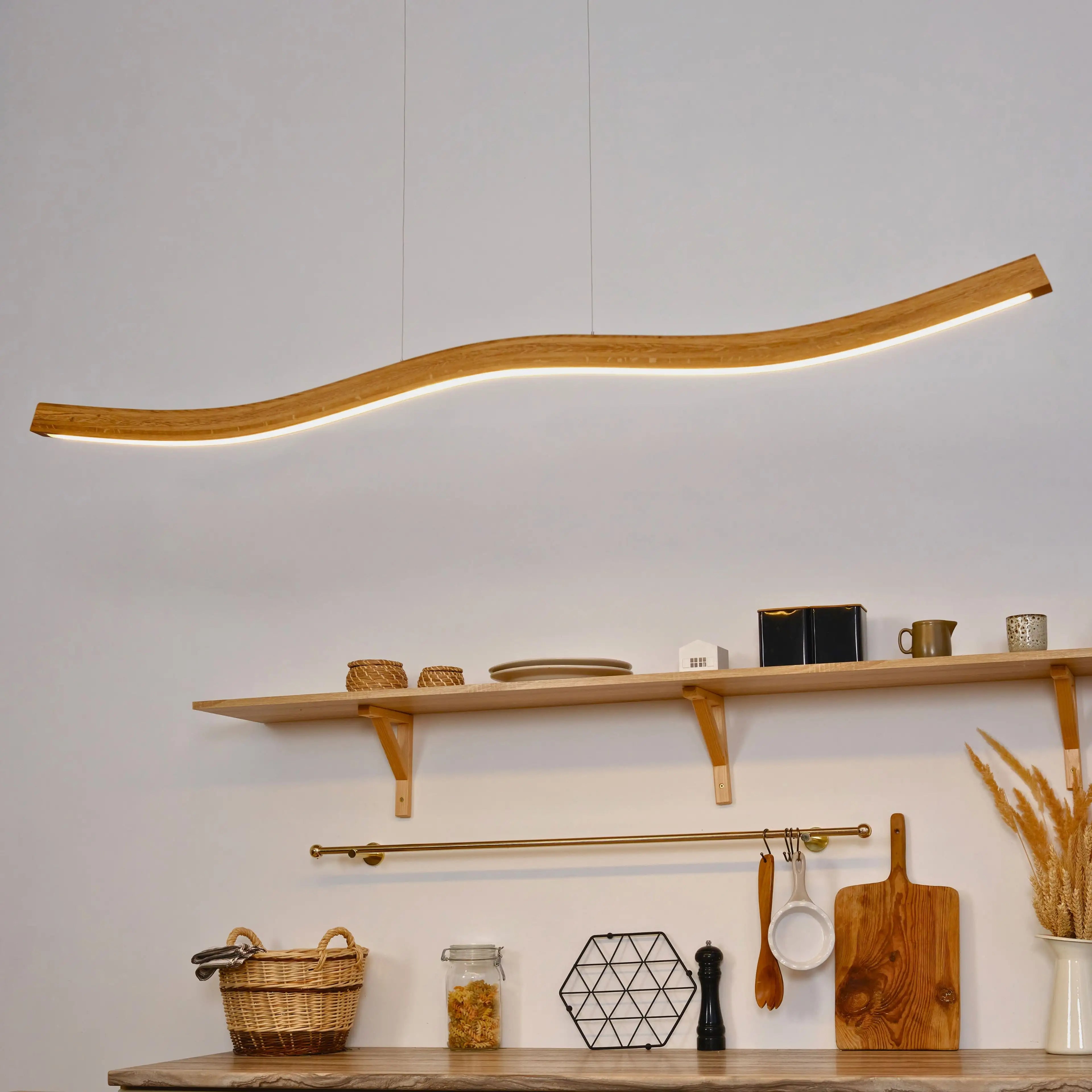 Designer Pendelleuchte aus Eichenholz, 175cm,  doppelt geschwungen, LED-Pendelleuchte - Fiona