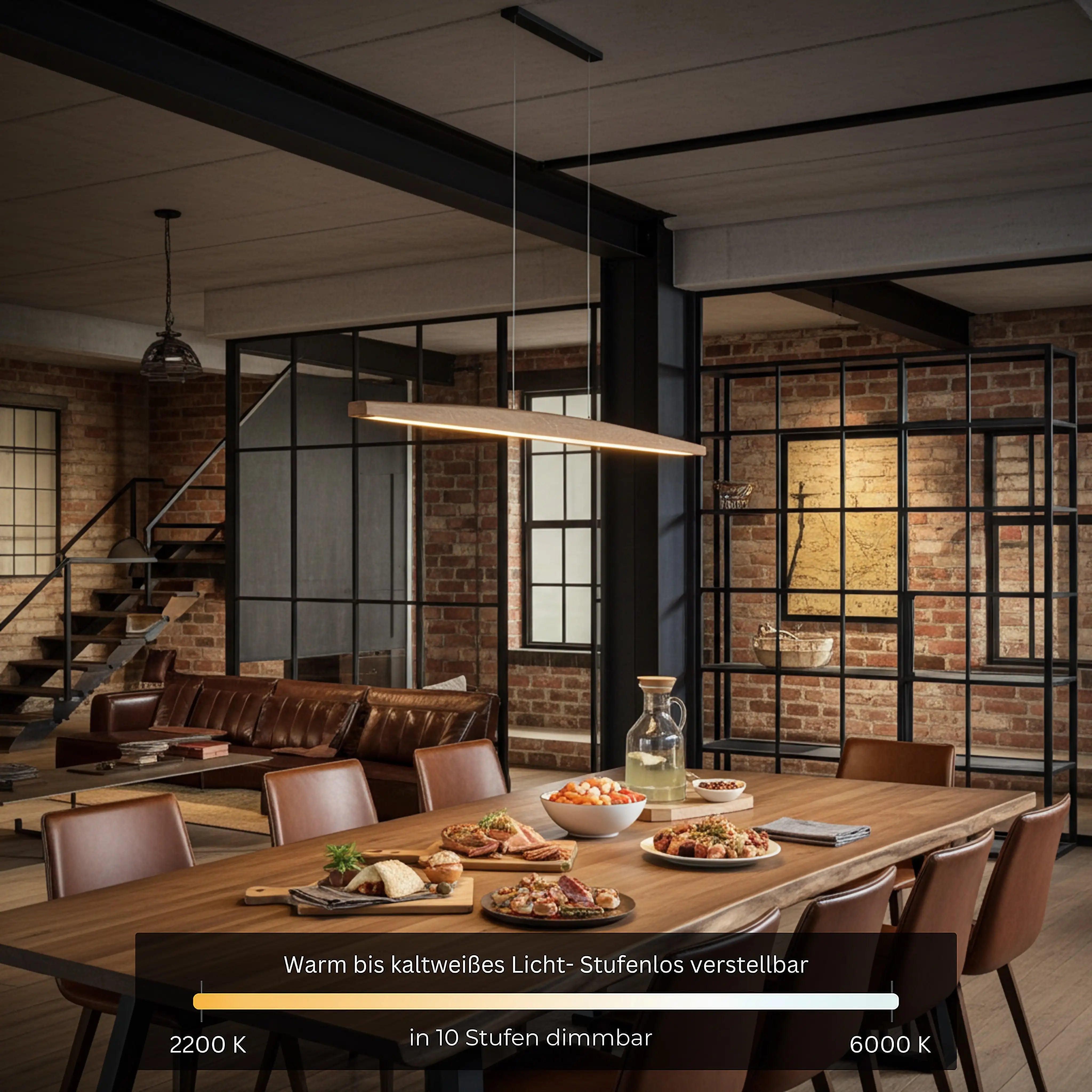 Schwebende Holzpendelleuchte über dem Tisch – Smart-Home-fähig, dimmbar und aus echtem Massivholz gefertigt