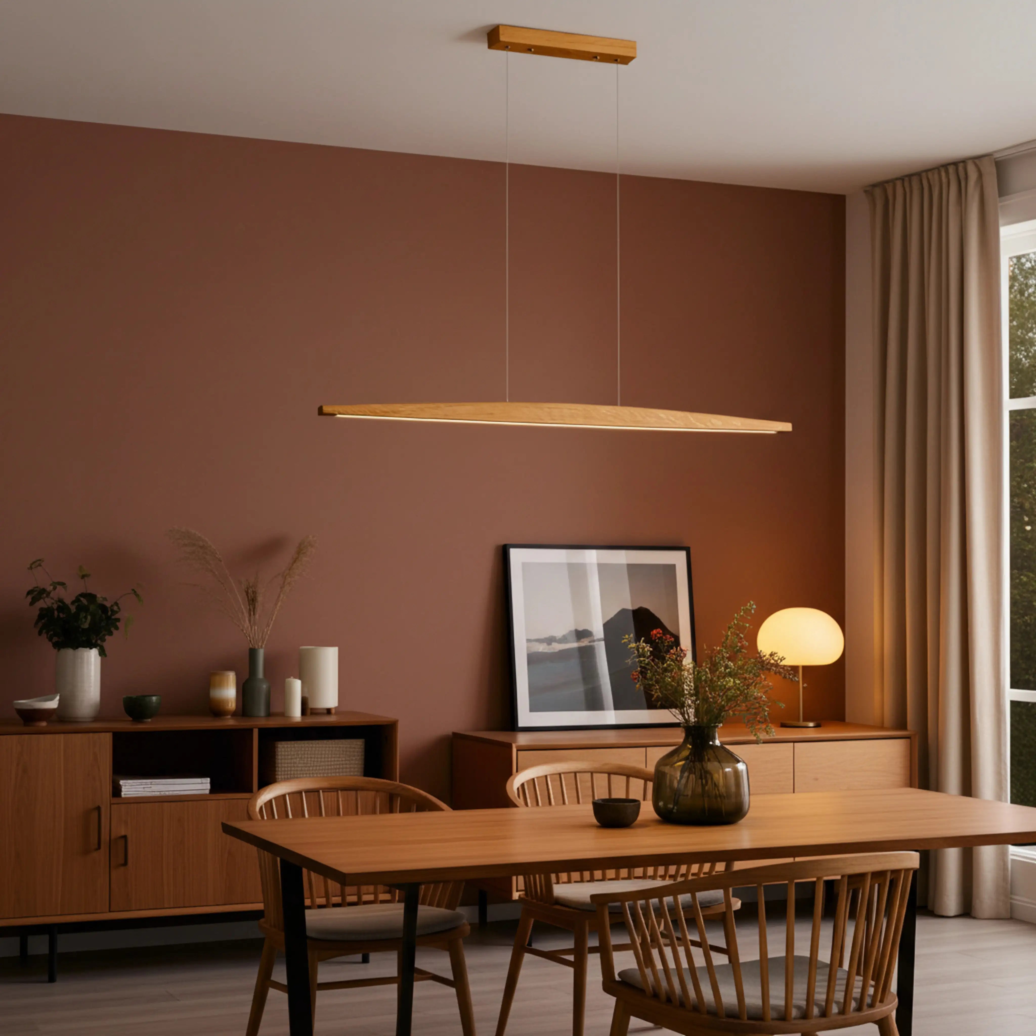 Handgefertigte Designer-Pendelleuchte aus Eichenholz – natürlich, dimmbar und kompatibel mit Smart-Home-Systemen