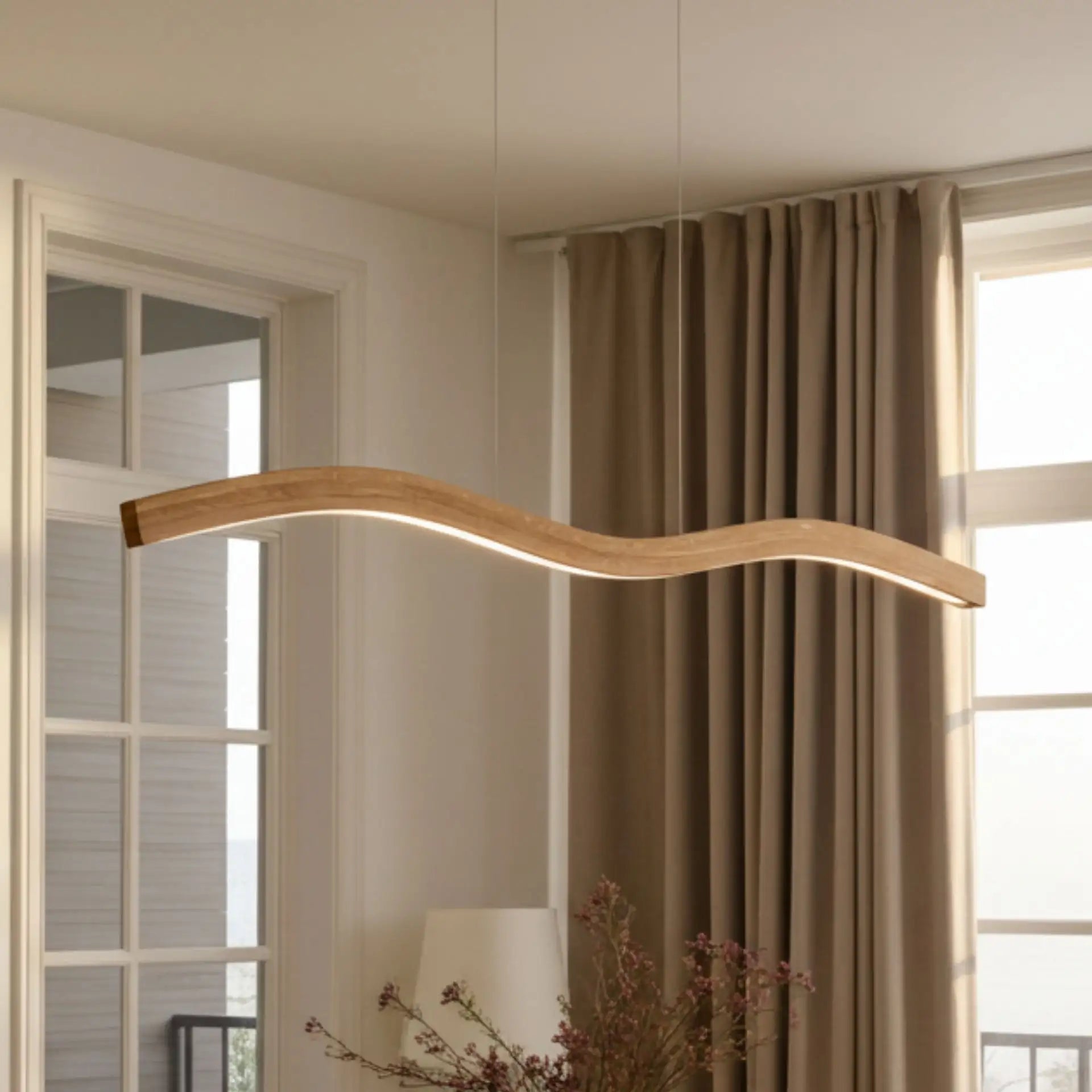 Designer Pendelleuchte aus Eichenholz,  doppelt geschwungen, LED-Pendelleuchte - Mila
