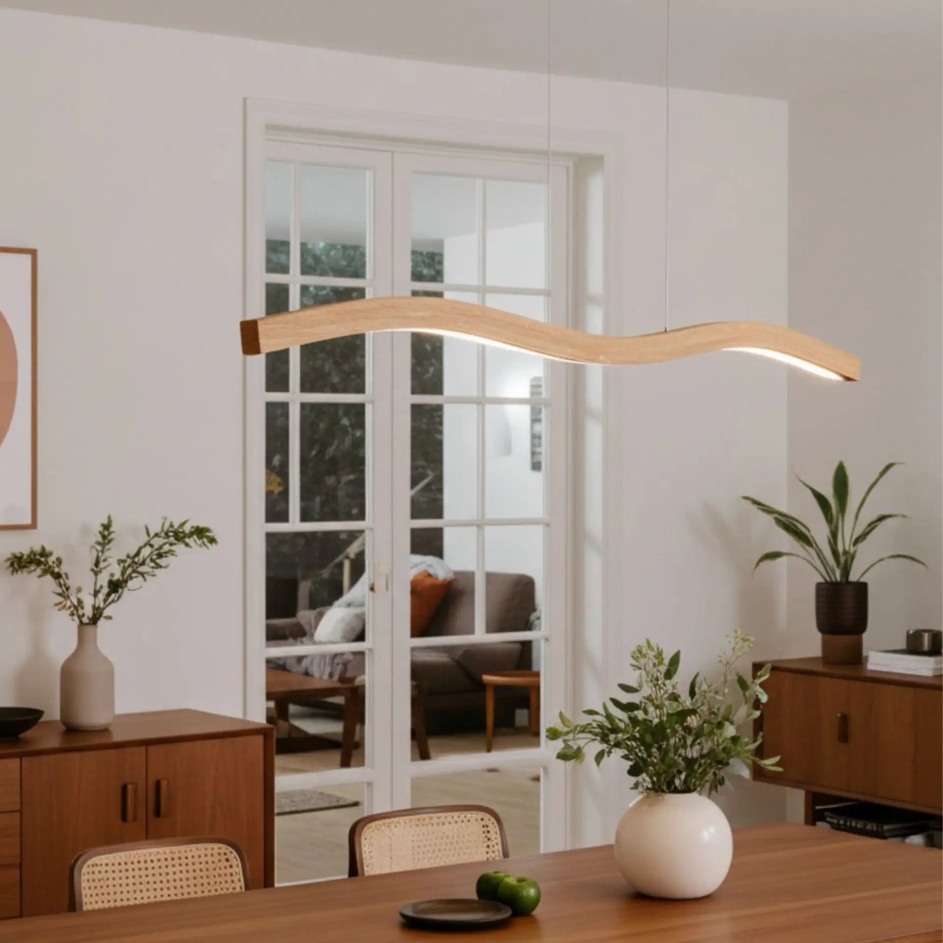 Designer Pendelleuchte aus Eichenholz,  doppelt geschwungen, LED-Pendelleuchte - Mila