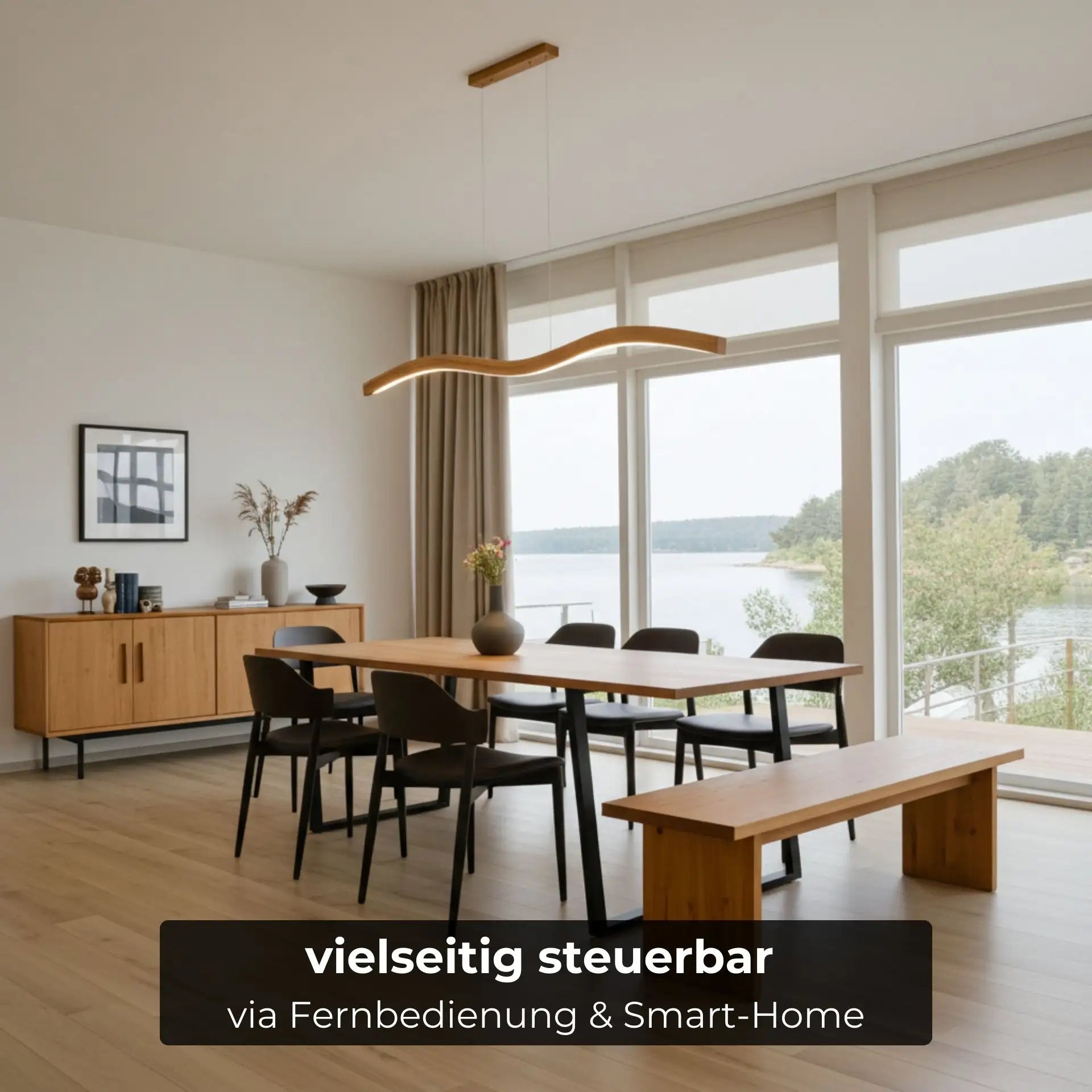 Designer Pendelleuchte aus Eichenholz,  doppelt geschwungen, LED-Pendelleuchte - Mila