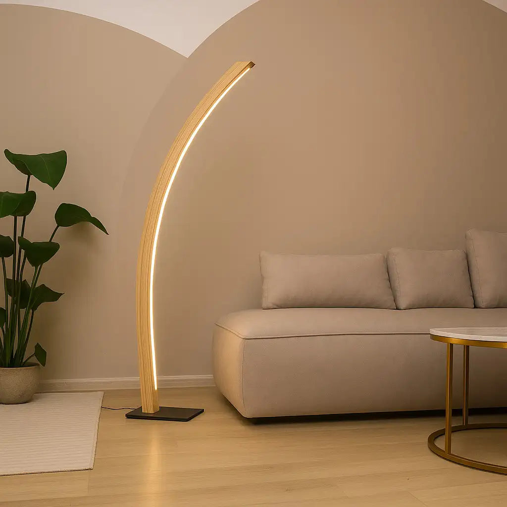 Designer Stehlampe aus Eichenholz, LED-Leuchte geschwungen - Solara
